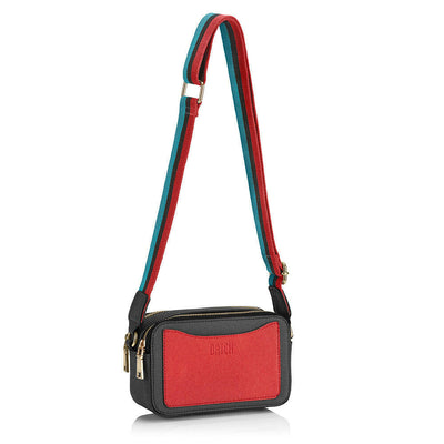 Two-tone women's shoulder bag with double zip in gold metal and shoulder strap in light blue/black/red jacquard fabric - Black/red color - Dimensions: 20 x 6.5 x 11 cm-0