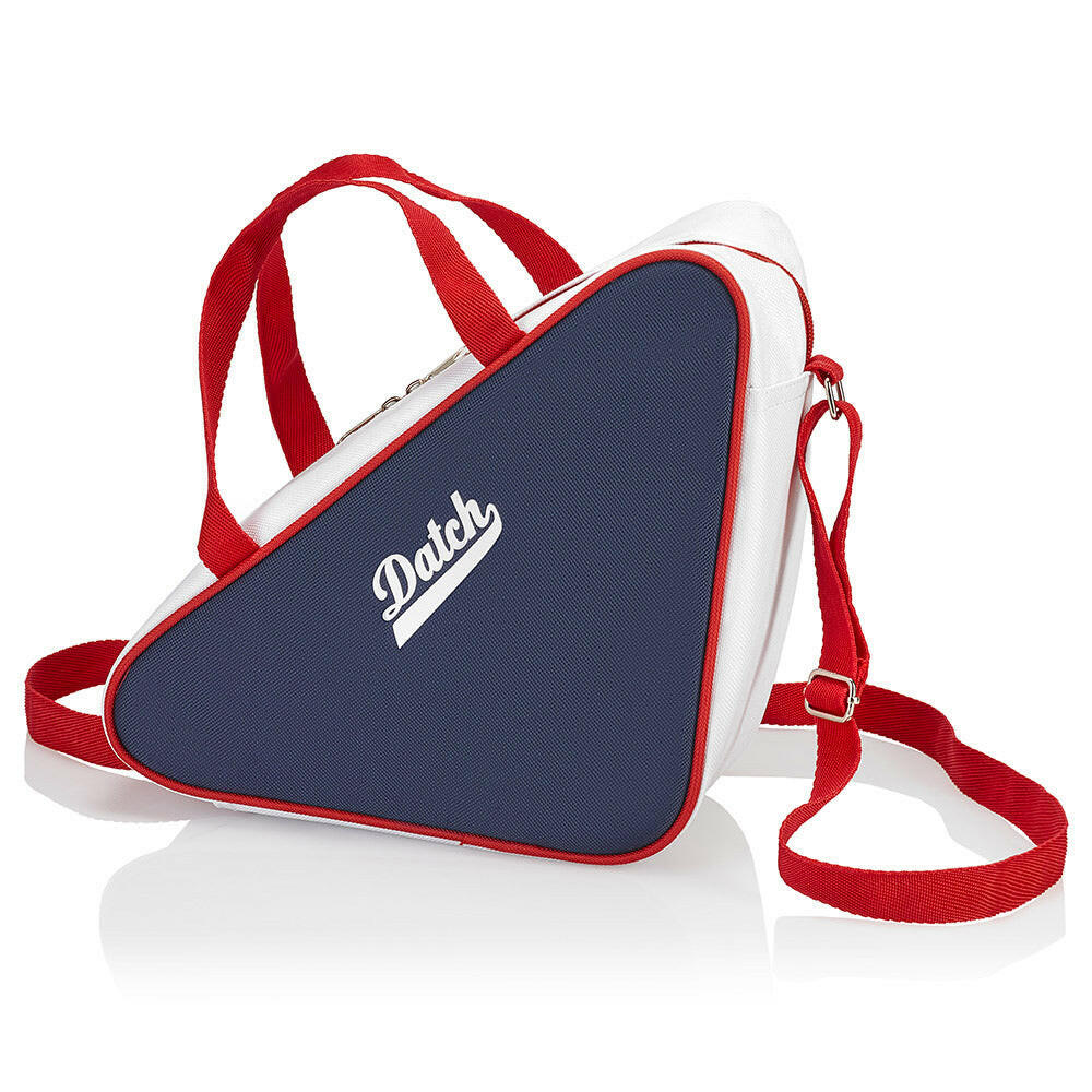 Triangular thermal bag with double handle and adjustable shoulder strap - Blue/White/Red color - Shiny Silver metal accessories. Dimensions: 24 x 24 x 11 cm-0