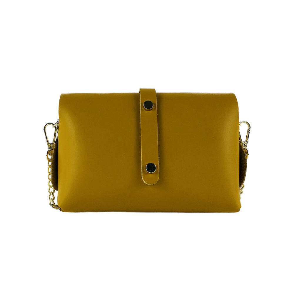 RB1001AR | Small bag in genuine leather Made in Italy with removable shoulder strap and shiny gold metal closure loop - Mustard color - Dimensions: 16.5 x 11 x 8 cm-1