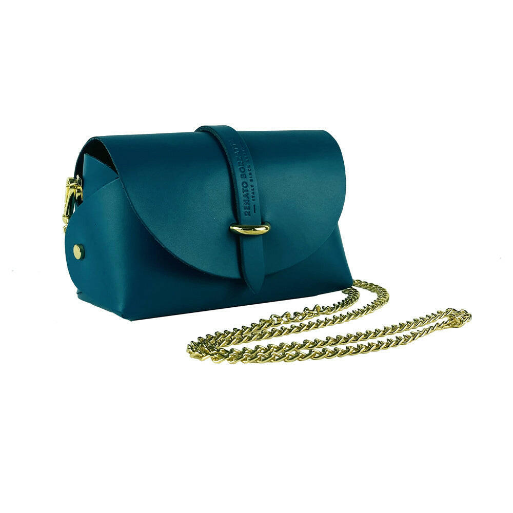 RB1001BZ | Small bag in genuine leather Made in Italy with removable shoulder strap and shiny gold metal closure loop - Teal color - Dimensions: 16.5 x 11 x 8 cm-0