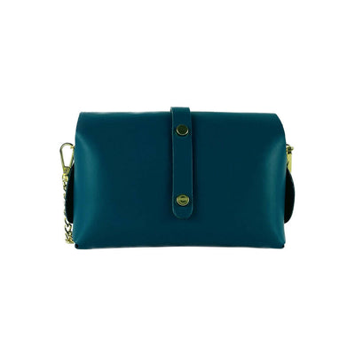 RB1001BZ | Small bag in genuine leather Made in Italy with removable shoulder strap and shiny gold metal closure loop - Teal color - Dimensions: 16.5 x 11 x 8 cm-1