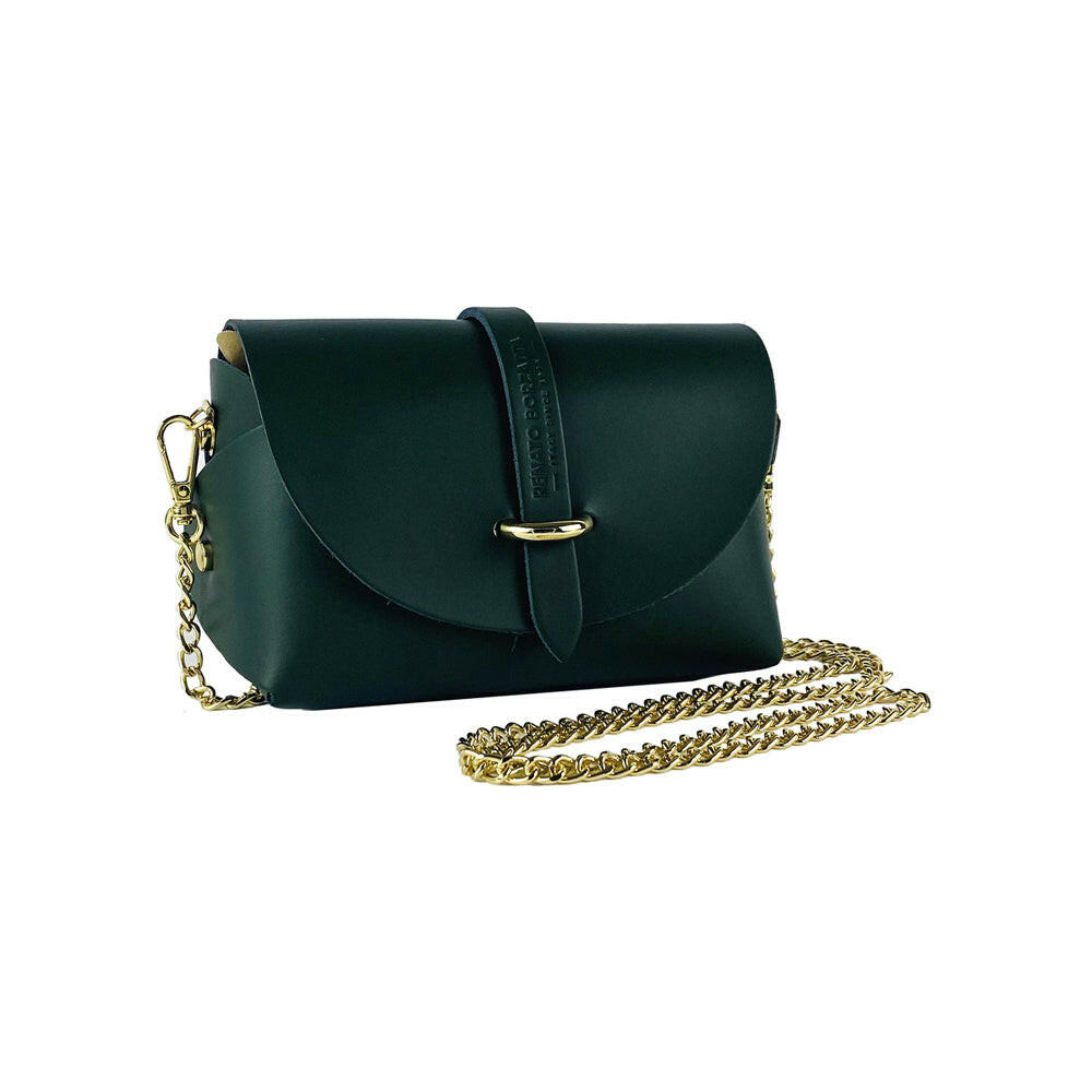 RB1001E | Small bag in genuine leather Made in Italy with removable shoulder strap and shiny gold metal closure loop - Green color - Dimensions: 16.5 x 11 x 8 cm-0