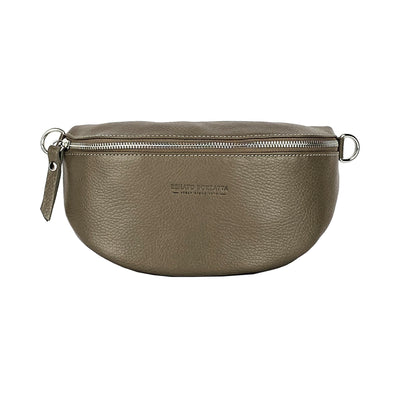 RB1015AQ | Waist bag with removable shoulder strap in Genuine Leather Made in Italy. Attachments with shiny nickel metal snap hooks - Taupe color - Dimensions: 24 x 14 x 7-1