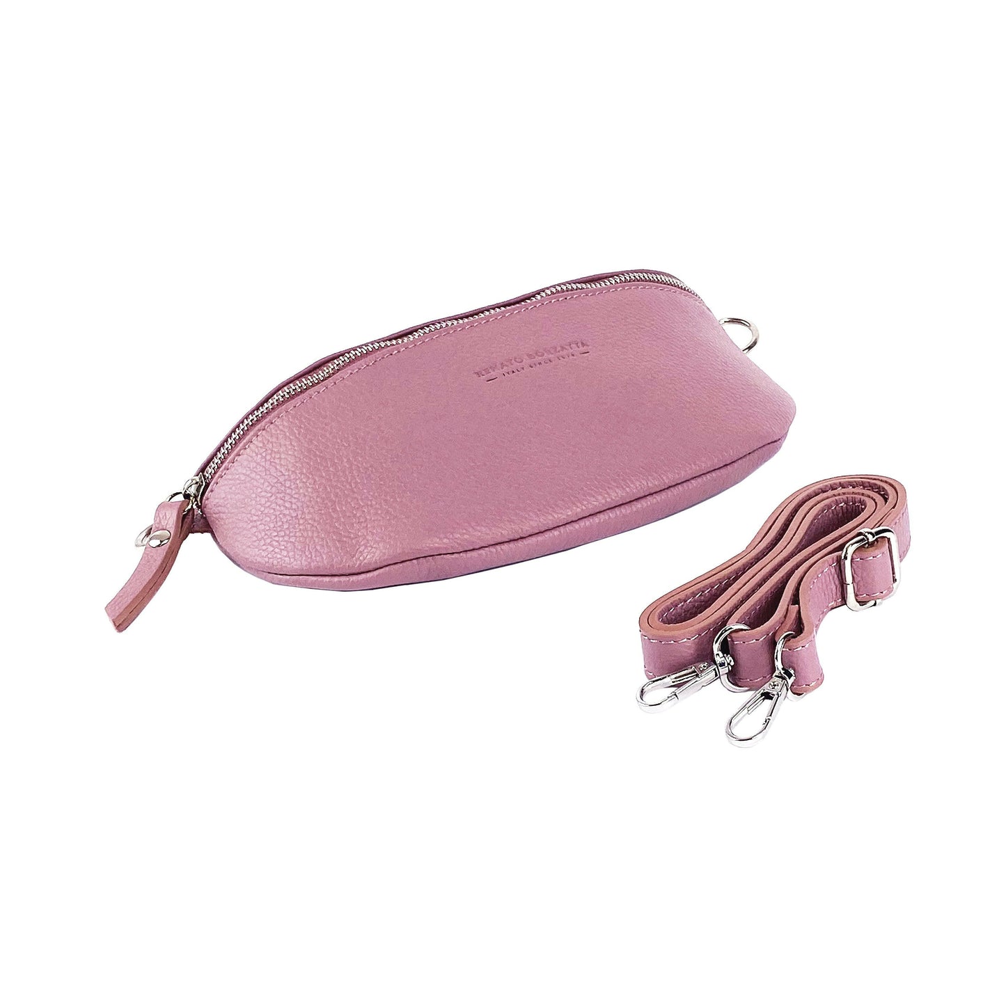 RB1015AZ | Waist bag with removable shoulder strap in Genuine Leather Made in Italy. Attachments with shiny nickel metal snap hooks - Antique pink color - Dimensions: 24 x 14 x 7-0