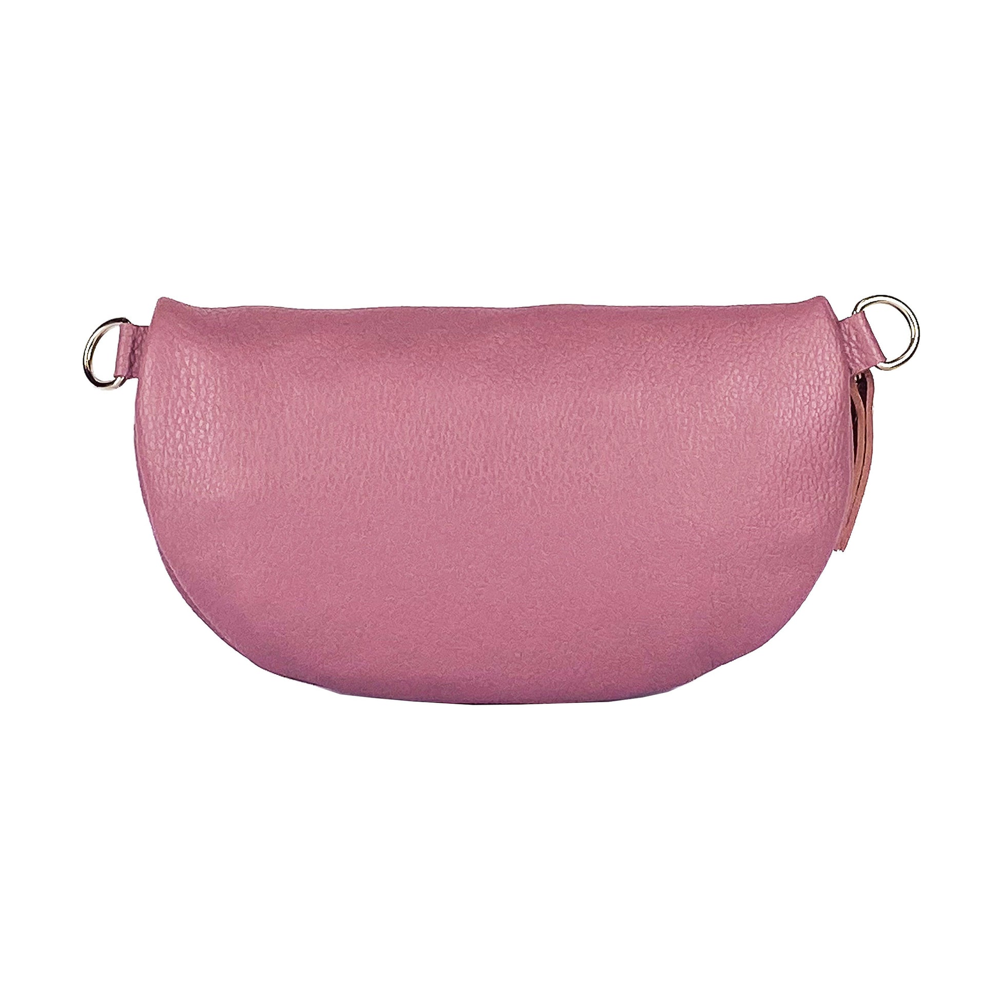 RB1015AZ | Waist bag with removable shoulder strap in Genuine Leather Made in Italy. Attachments with shiny nickel metal snap hooks - Antique pink color - Dimensions: 24 x 14 x 7-2