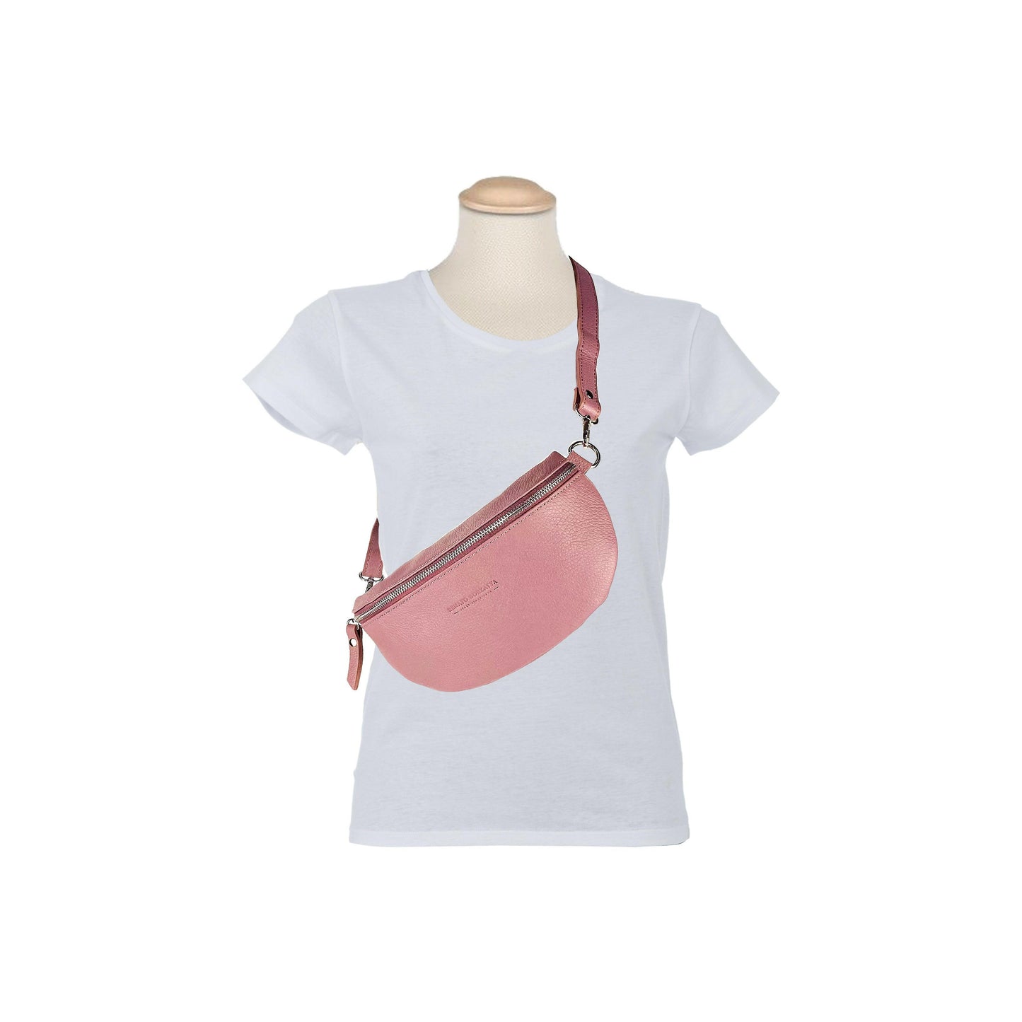 RB1015AZ | Waist bag with removable shoulder strap in Genuine Leather Made in Italy. Attachments with shiny nickel metal snap hooks - Antique pink color - Dimensions: 24 x 14 x 7-6