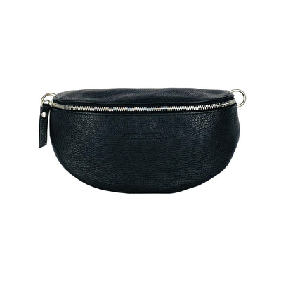 RB1015A | Waist bag with removable shoulder strap in Genuine Leather Made in Italy. Attachments with shiny nickel metal snap hooks - Black color - Dimensions: 24 x 14 x 7-1