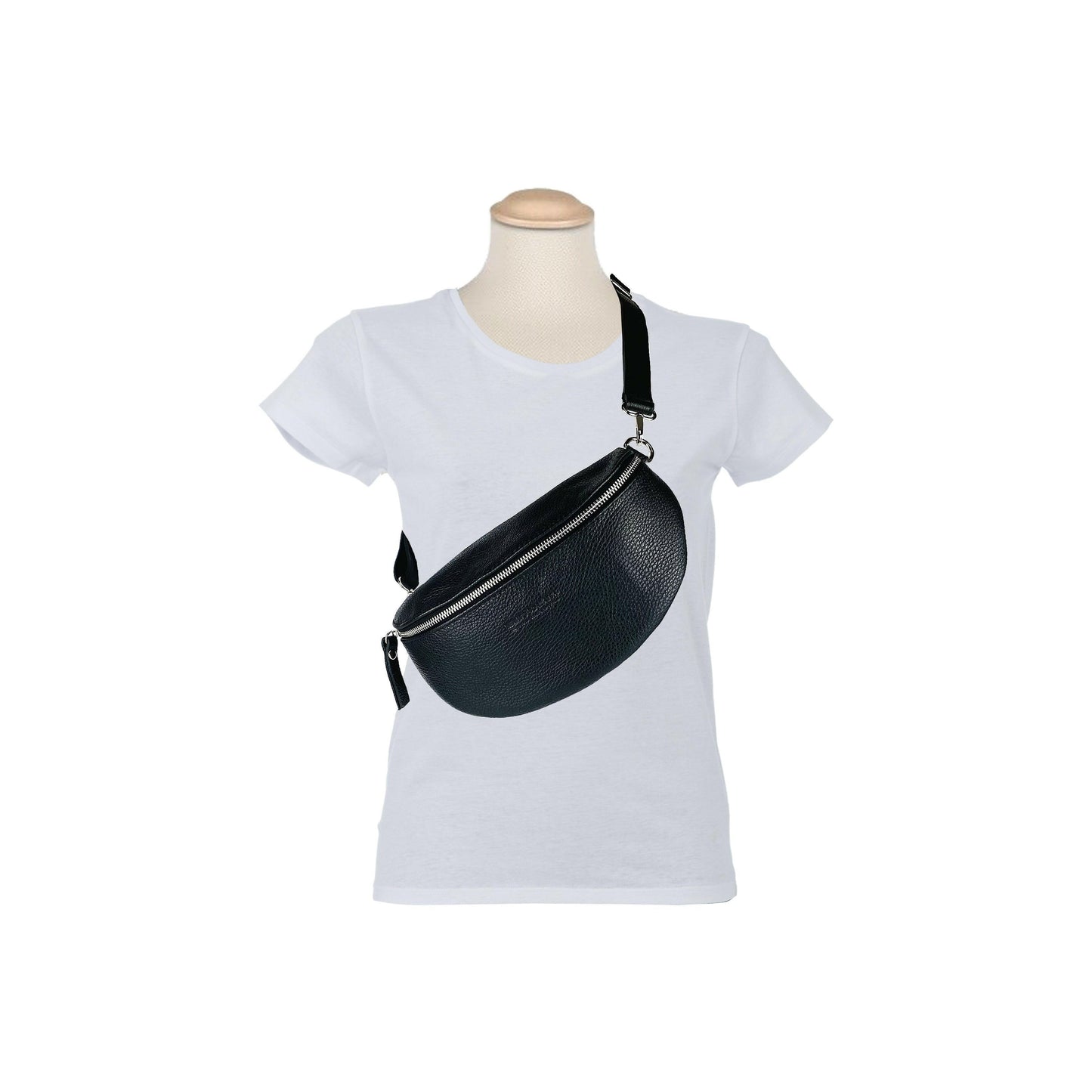 RB1015A | Waist bag with removable shoulder strap in Genuine Leather Made in Italy. Attachments with shiny nickel metal snap hooks - Black color - Dimensions: 24 x 14 x 7-6