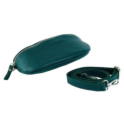 RB1015BZ | Waist bag with removable shoulder strap in Genuine Leather Made in Italy. Attachments with shiny nickel metal snap hooks - Teal color - Dimensions: 24 x 14 x 7-0