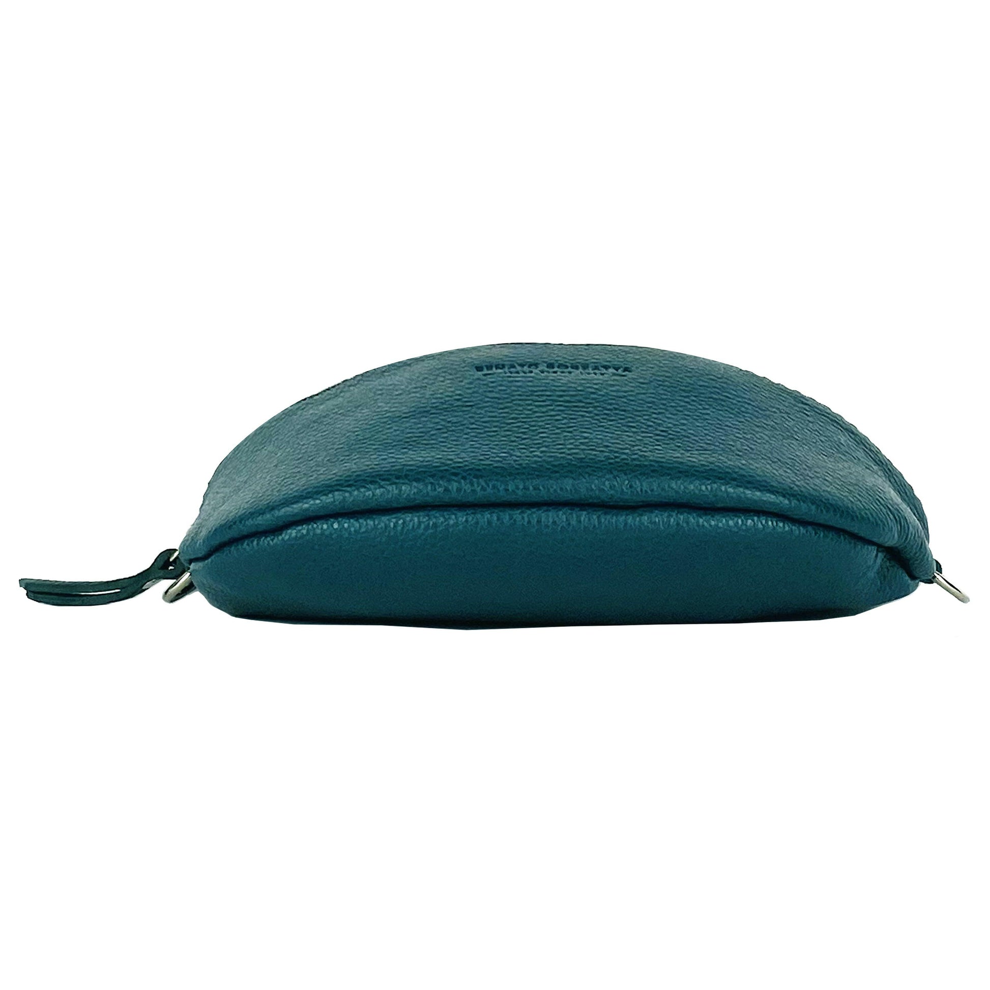 RB1015BZ | Waist bag with removable shoulder strap in Genuine Leather Made in Italy. Attachments with shiny nickel metal snap hooks - Teal color - Dimensions: 24 x 14 x 7-4