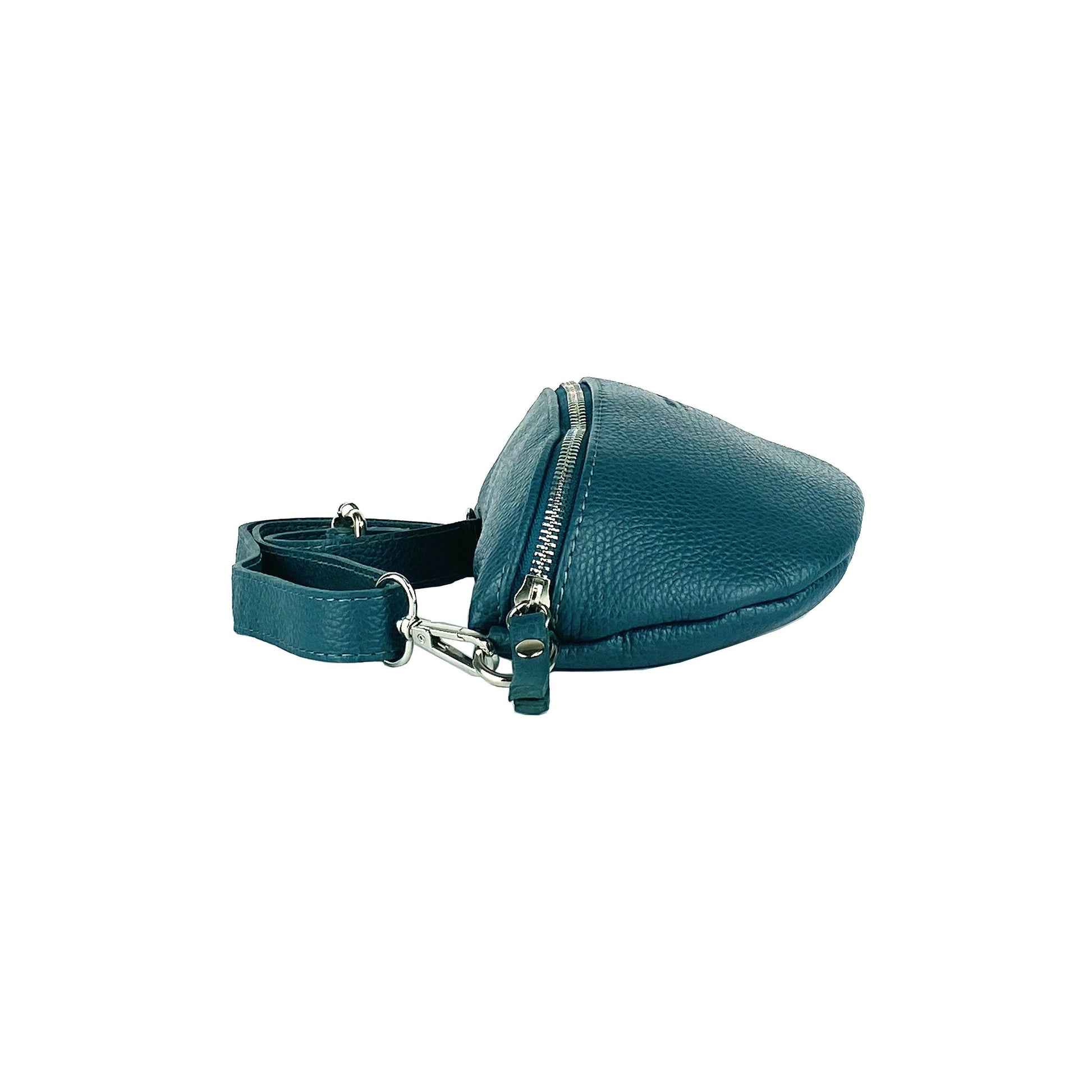 RB1015BZ | Waist bag with removable shoulder strap in Genuine Leather Made in Italy. Attachments with shiny nickel metal snap hooks - Teal color - Dimensions: 24 x 14 x 7-5