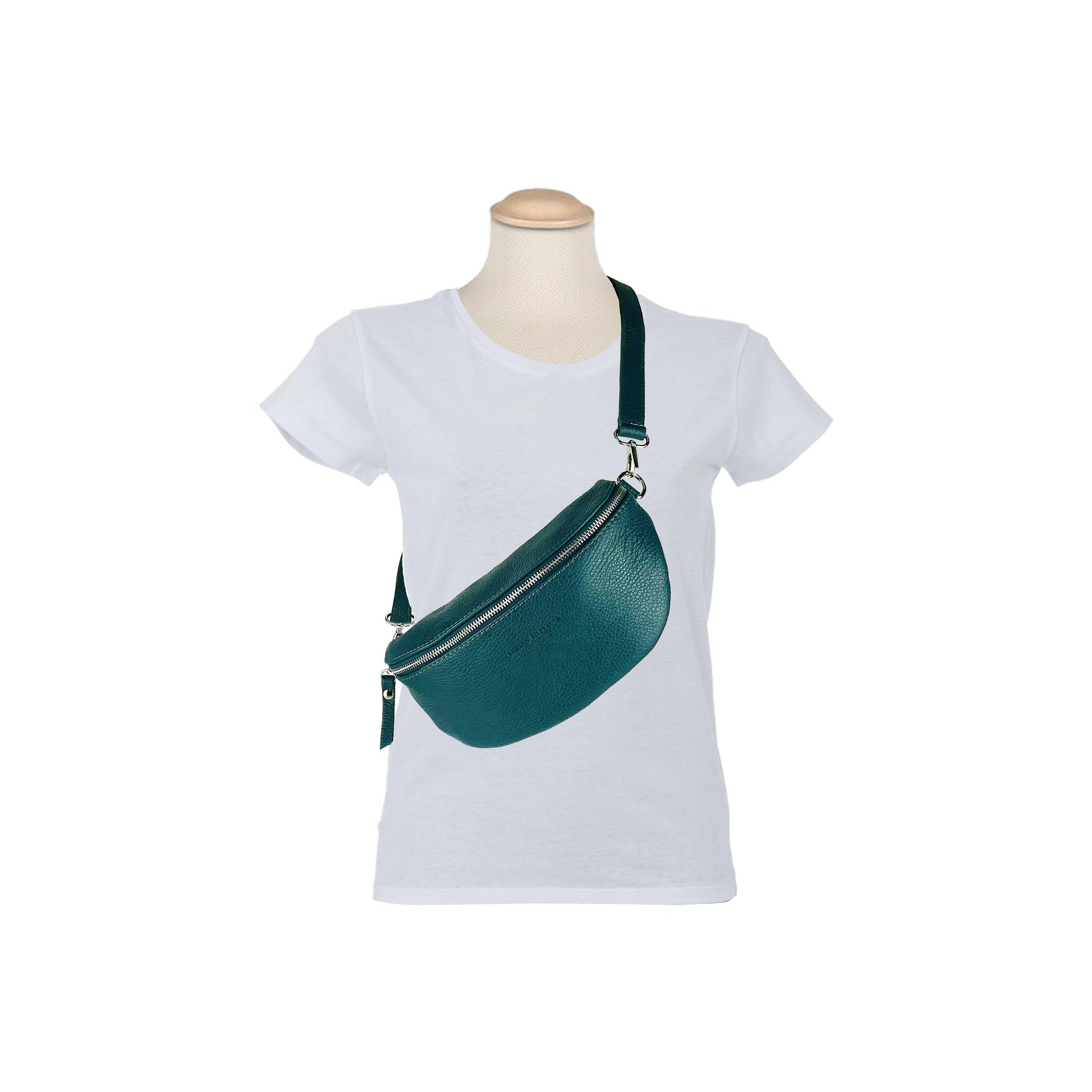 RB1015BZ | Waist bag with removable shoulder strap in Genuine Leather Made in Italy. Attachments with shiny nickel metal snap hooks - Teal color - Dimensions: 24 x 14 x 7-6