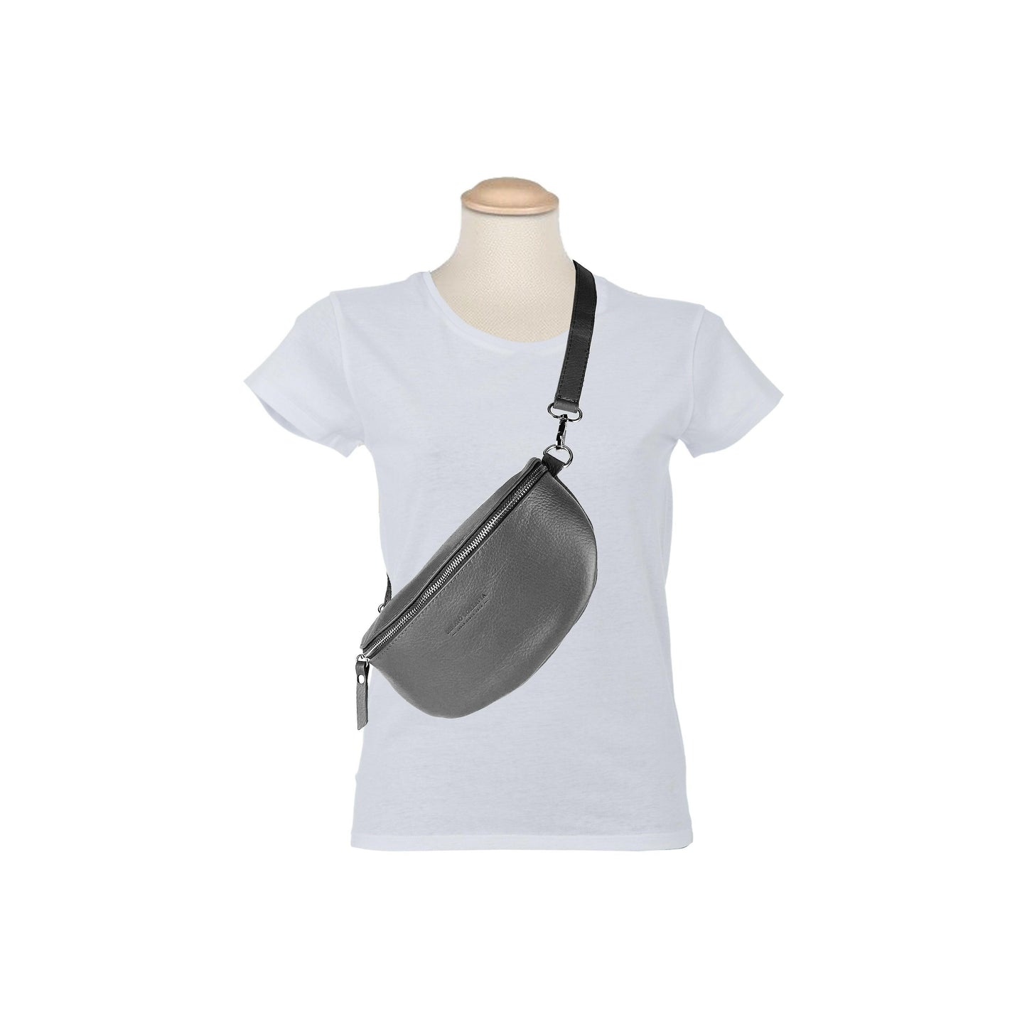 RB1015F | Waist bag with removable shoulder strap in Genuine Leather Made in Italy. Attachments with shiny nickel metal snap hooks - Gray color - Dimensions: 24 x 14 x 7-6