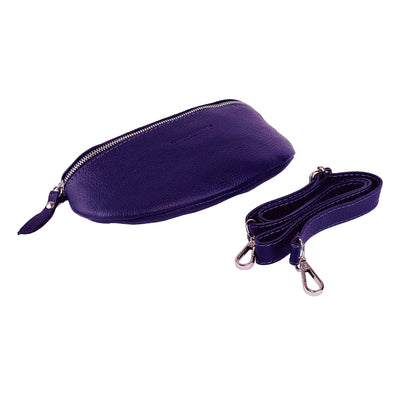 RB1015Y | Waist bag with removable shoulder strap in Genuine Leather Made in Italy. Attachments with shiny nickel metal snap hooks - Purple color - Dimensions: 24 x 14 x 7-0