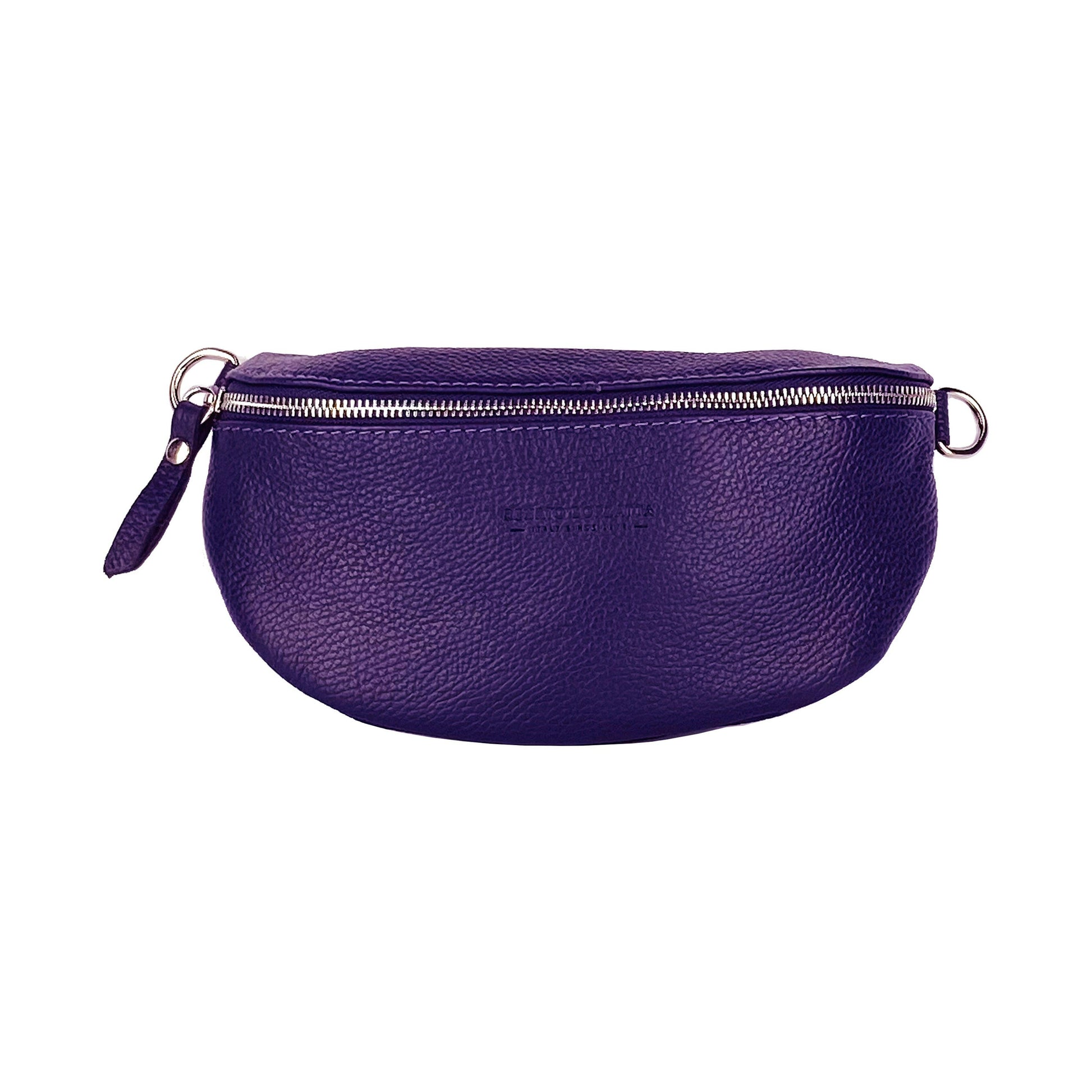 RB1015Y | Waist bag with removable shoulder strap in Genuine Leather Made in Italy. Attachments with shiny nickel metal snap hooks - Purple color - Dimensions: 24 x 14 x 7-1