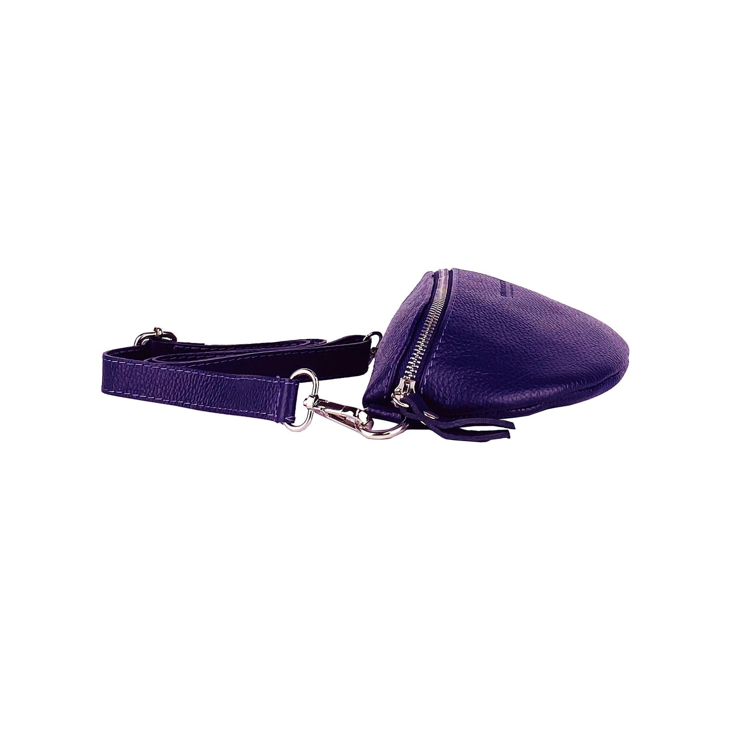 RB1015Y | Waist bag with removable shoulder strap in Genuine Leather Made in Italy. Attachments with shiny nickel metal snap hooks - Purple color - Dimensions: 24 x 14 x 7-5