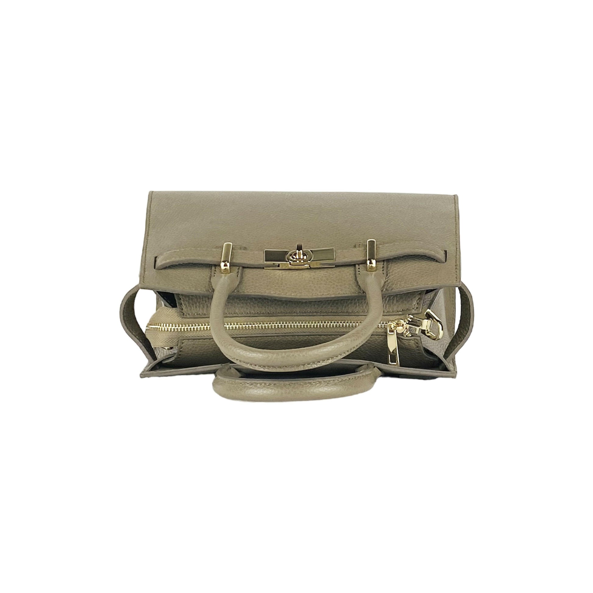 RB1016AQ | Women's handbag in genuine leather Made in Italy with removable shoulder strap. Attachments with shiny gold metal snap hooks - Taupe color - Dimensions: 28 x 20 x 14 + 12.5 cm-6