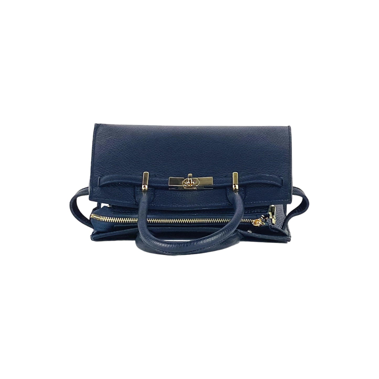 RB1016D | Women's handbag in genuine leather Made in Italy with removable shoulder strap. Attachments with shiny gold metal snap hooks - Blue color - Dimensions: 28 x 20 x 14 + 12.5 cm-6