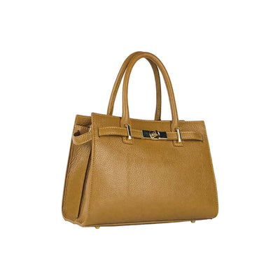 RB1016S | Women's handbag in genuine leather Made in Italy with removable shoulder strap. Attachments with shiny gold metal snap hooks - Cognac color - Dimensions: 28 x 20 x 14 + 12.5 cm-1