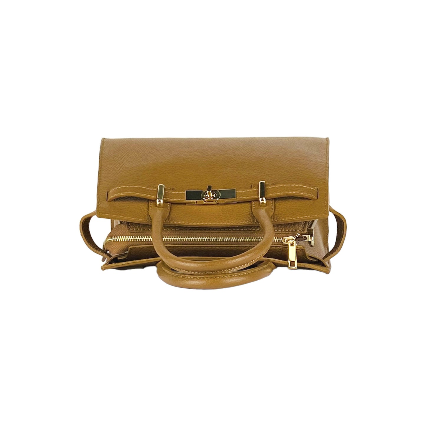 RB1016S | Women's handbag in genuine leather Made in Italy with removable shoulder strap. Attachments with shiny gold metal snap hooks - Cognac color - Dimensions: 28 x 20 x 14 + 12.5 cm-6