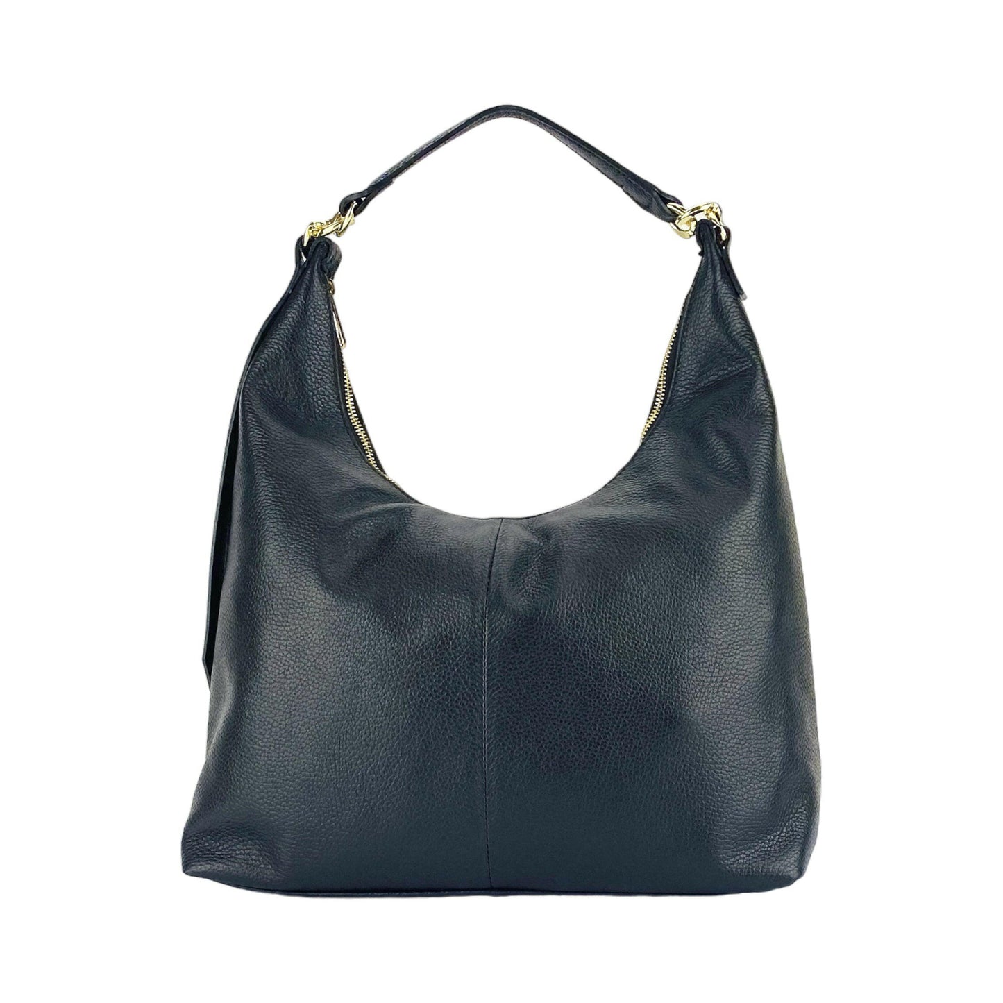 RB1017A | Soft women's shoulder bag in genuine leather Made in Italy with single handle and removable shoulder strap. Attachments with shiny gold metal snap hooks - Black color - Dimensions: 36 x 40 x 13 cm-1