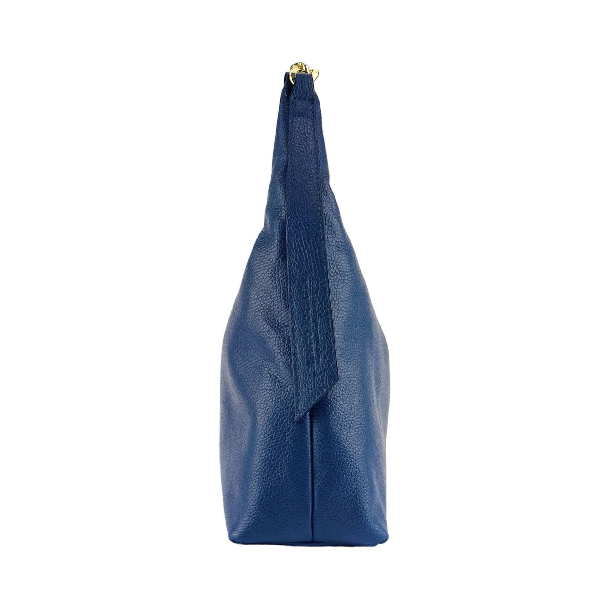 RB1017D | Soft women's shoulder bag in genuine leather Made in Italy with single handle and removable shoulder strap. Attachments with shiny gold metal snap hooks - Blue color - Dimensions: 36 x 40 x 13 cm-3