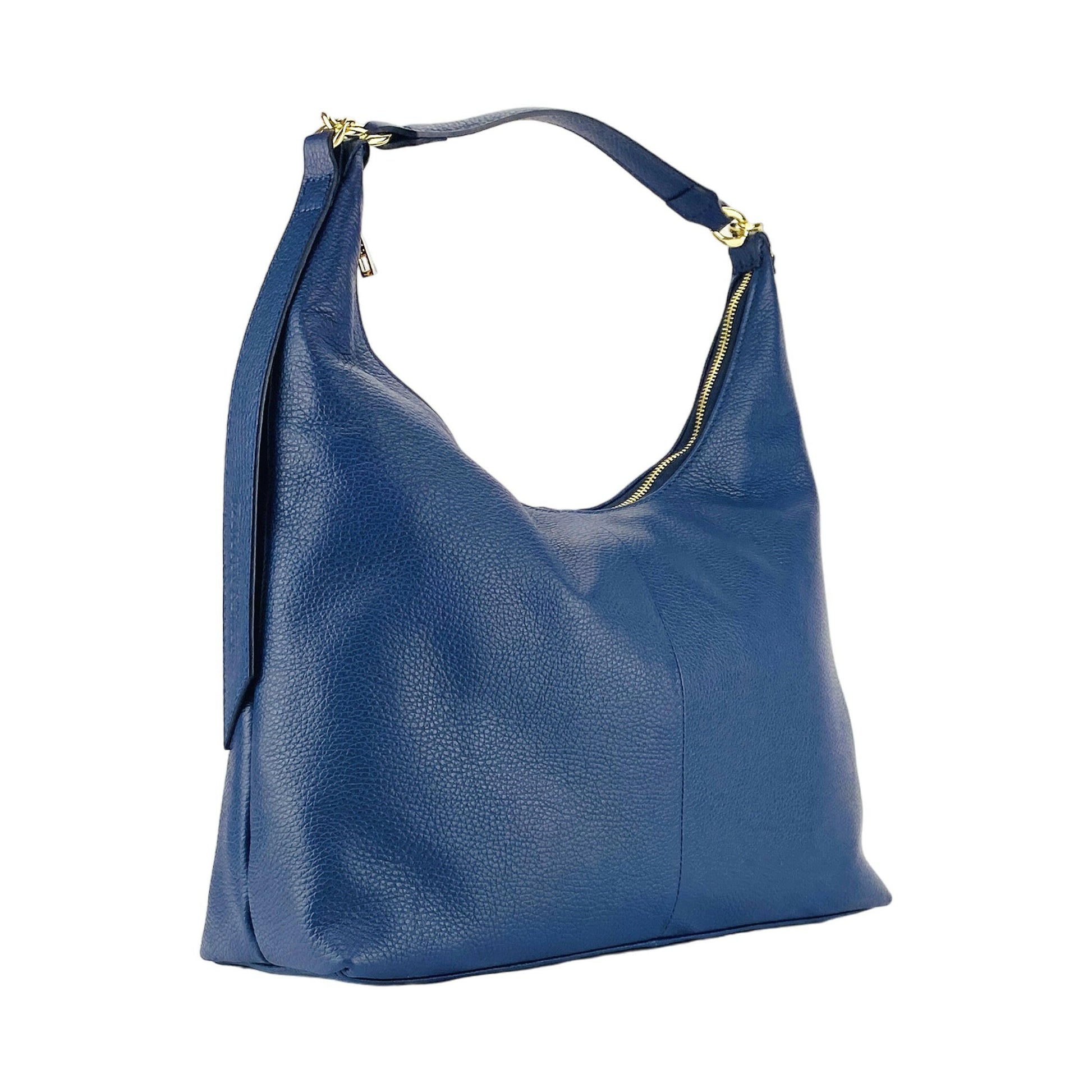 RB1017D | Soft women's shoulder bag in genuine leather Made in Italy with single handle and removable shoulder strap. Attachments with shiny gold metal snap hooks - Blue color - Dimensions: 36 x 40 x 13 cm-5