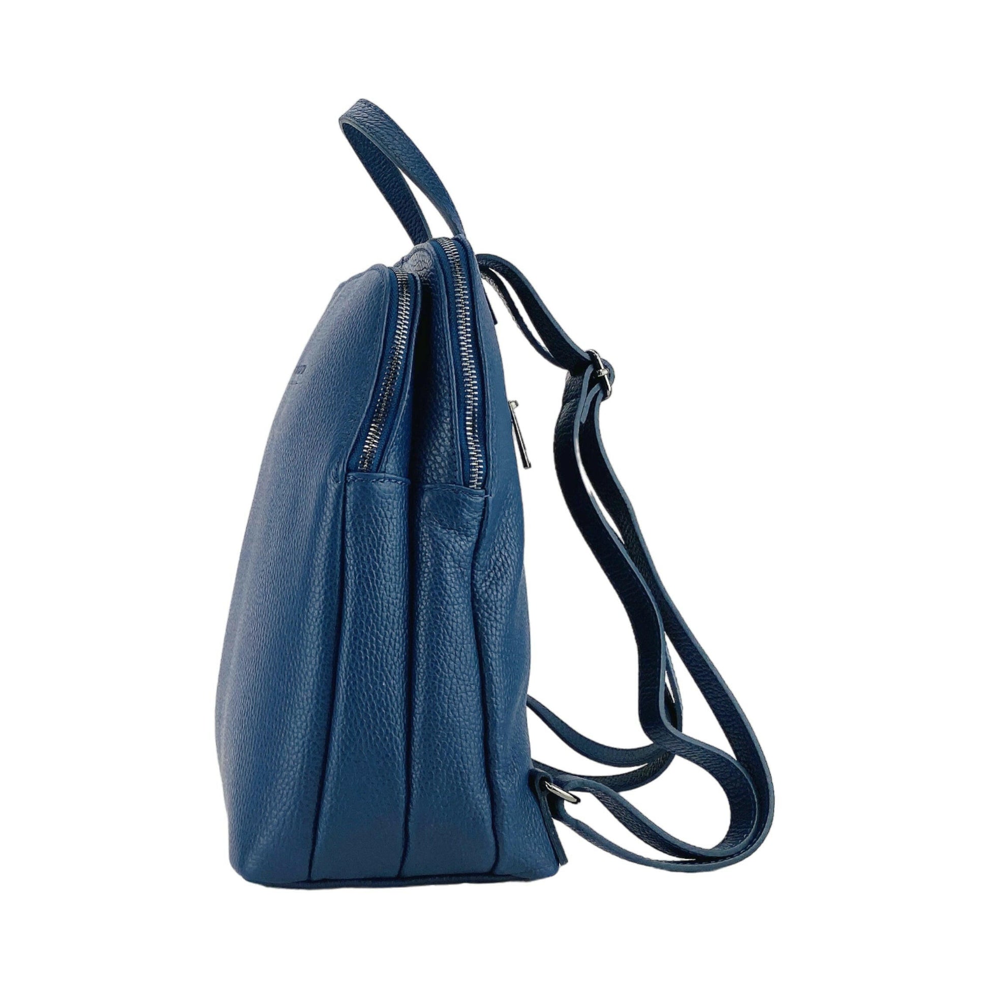 RB1018D | Genuine Leather Double Compartment Women's Backpack Made in Italy with adjustable shoulder straps. Gunmetal metal accessories - Blue color - Dimensions: 26 x 30 x 14.5 cm-5