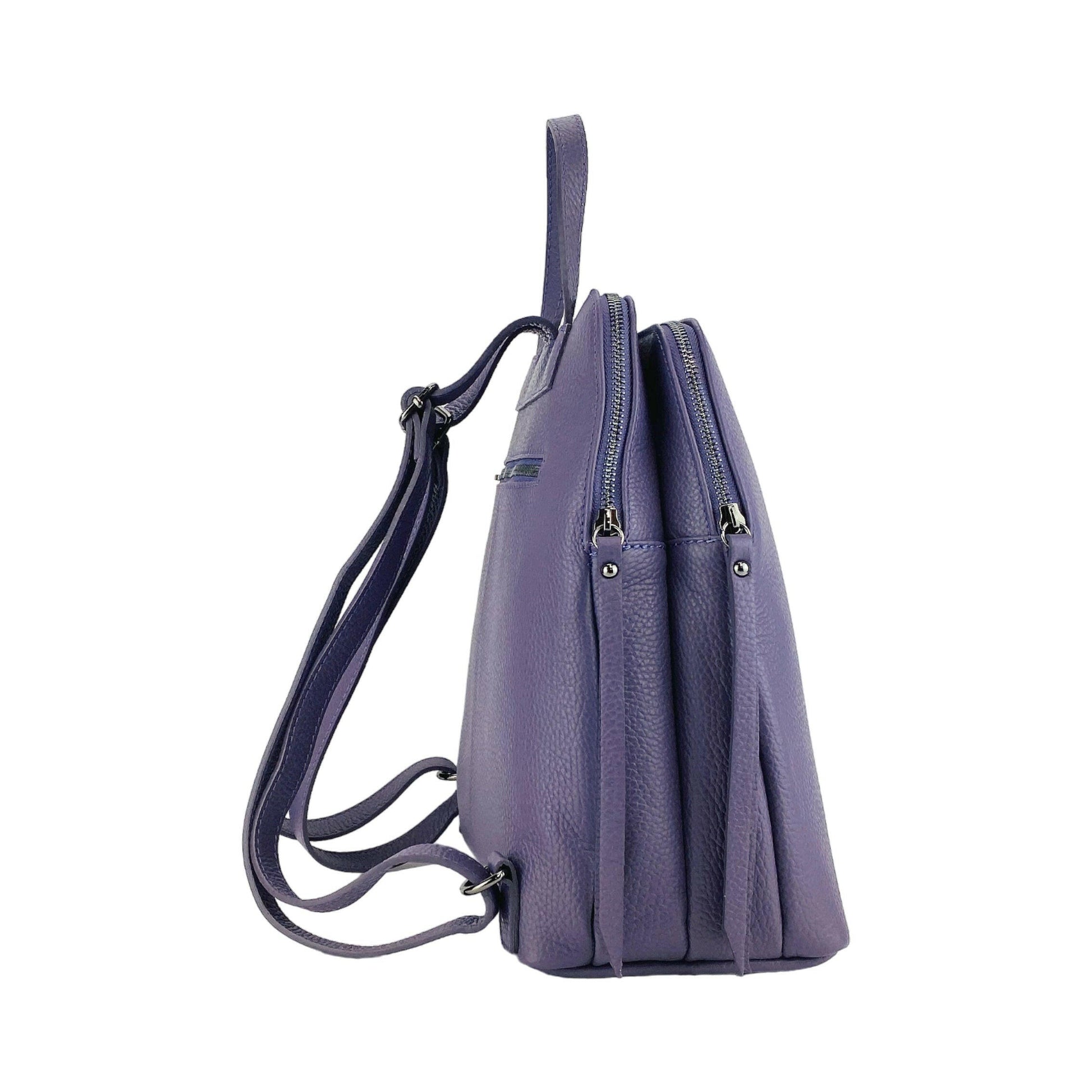 RB1018Y | Genuine Leather Double Compartment Women's Backpack Made in Italy with adjustable shoulder straps. Gunmetal metal accessories - Purple color - Dimensions: 26 x 30 x 14.5 cm-3