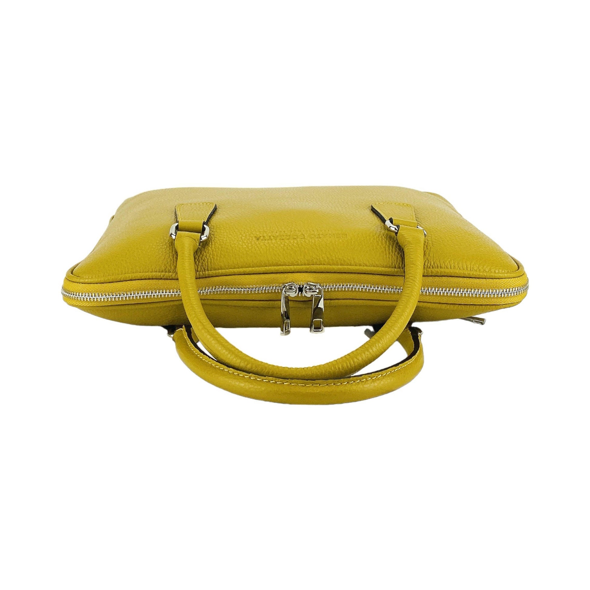 RB1019AR | Unisex Business Briefcase in Genuine Leather Made in Italy with removable shoulder strap. Attachments with shiny nickel metal snap hooks - Mustard color - Dimensions: 37 x 29 x 6.5 cm-3