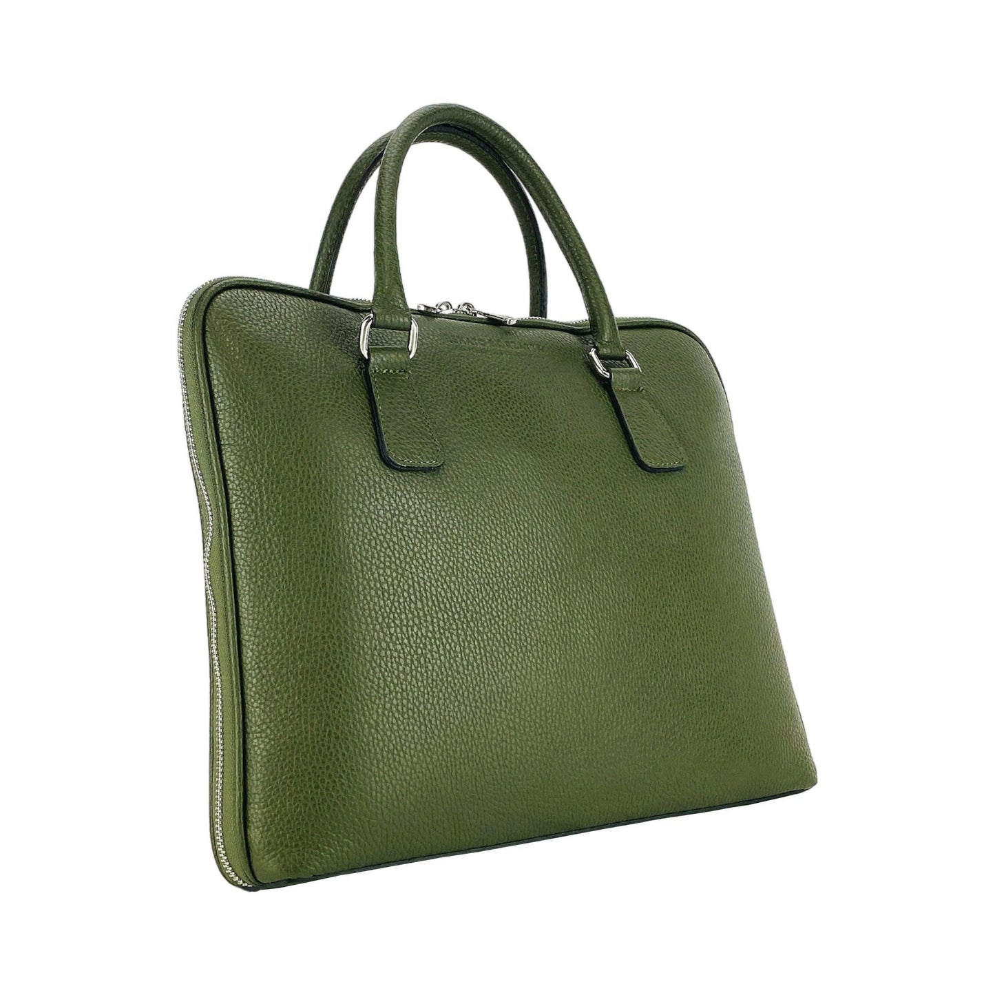 RB1019E | Unisex Business Briefcase in Genuine Leather Made in Italy with removable shoulder strap. Attachments with shiny nickel metal snap hooks - Green color - Dimensions: 37 x 29 x 6.5 cm-1