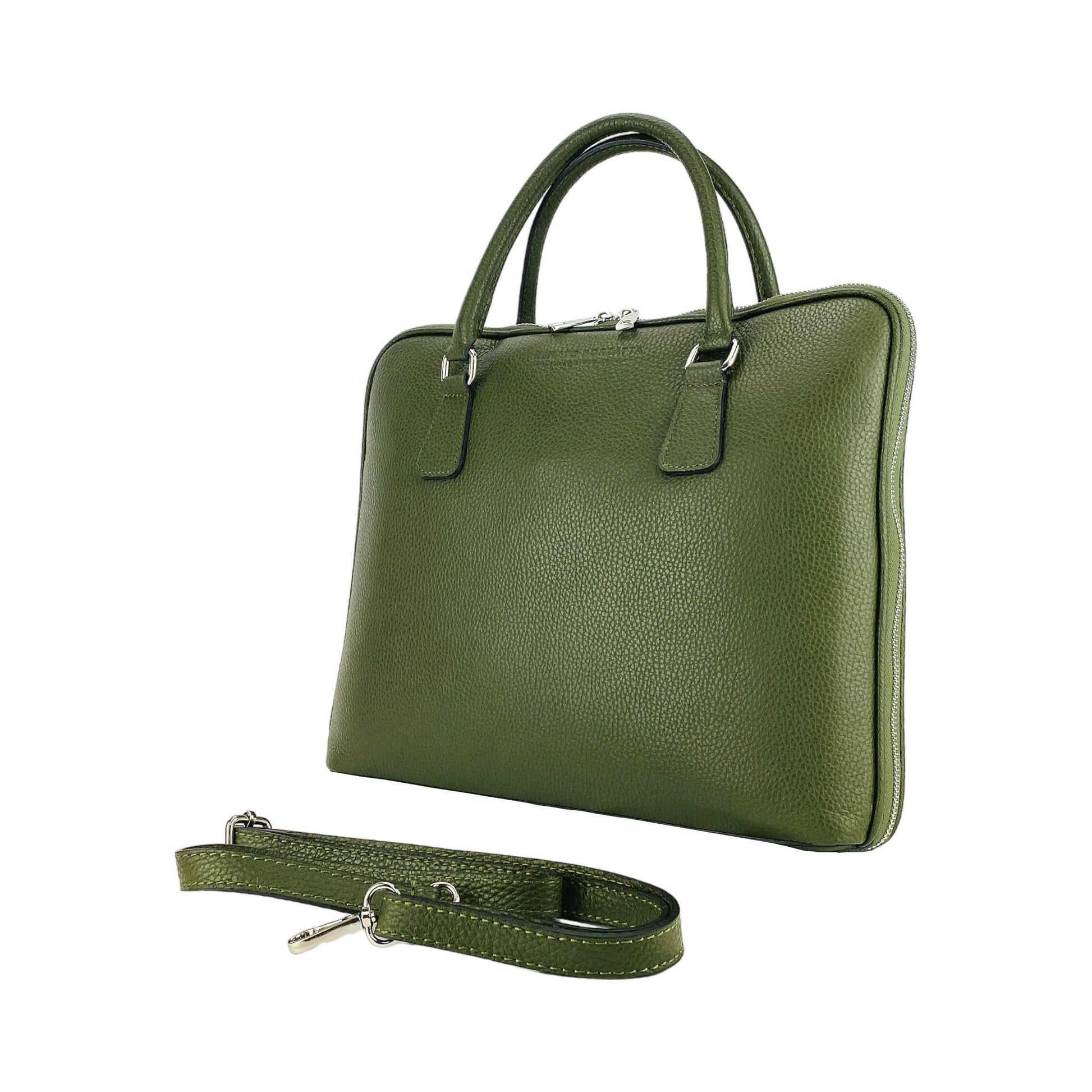 RB1019E | Unisex Business Briefcase in Genuine Leather Made in Italy with removable shoulder strap. Attachments with shiny nickel metal snap hooks - Green color - Dimensions: 37 x 29 x 6.5 cm-4