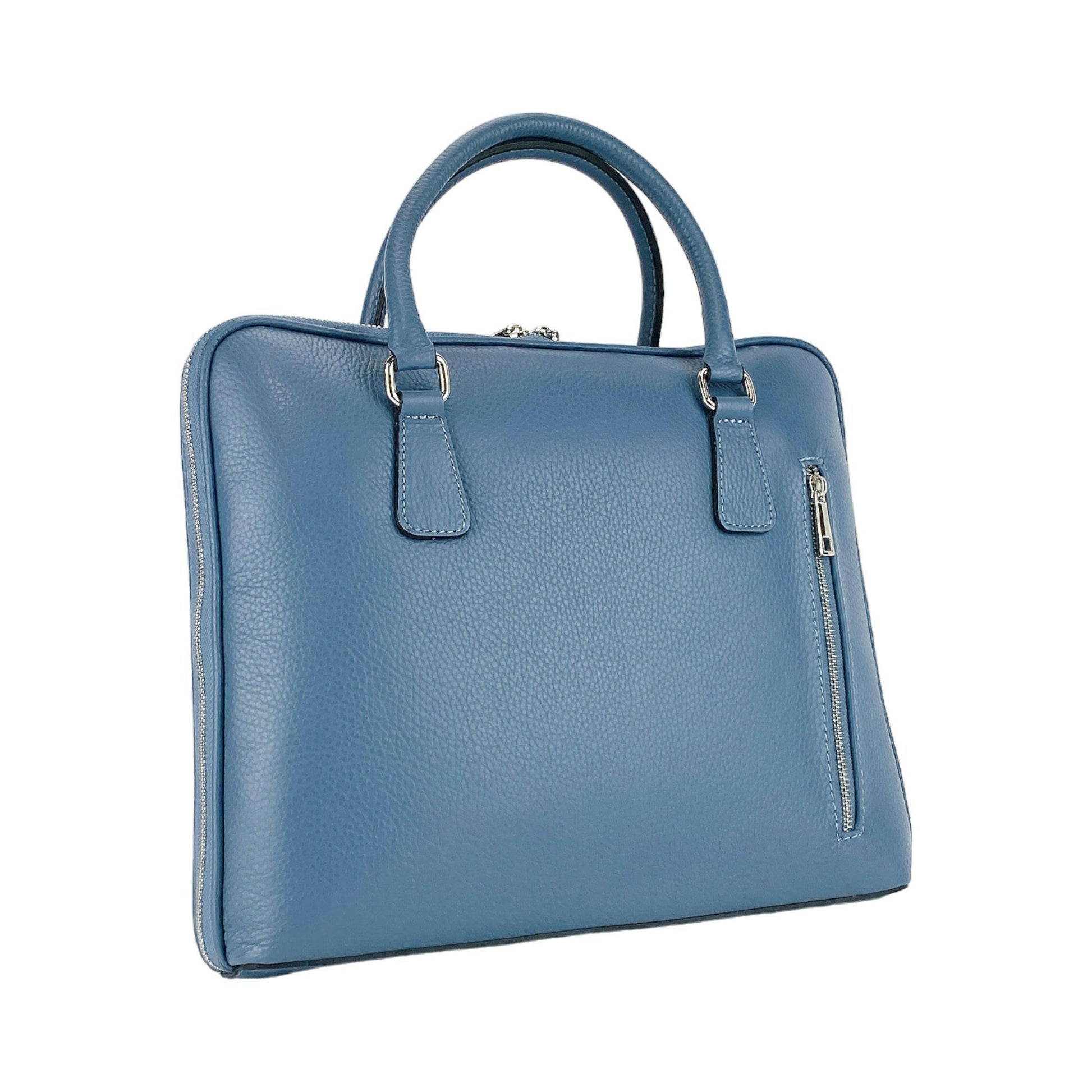 RB1019P | Unisex Business Briefcase in Genuine Leather Made in Italy with removable shoulder strap. Attachments with shiny nickel metal snap hooks - Avio color - Dimensions: 37 x 29 x 6.5 cm-1