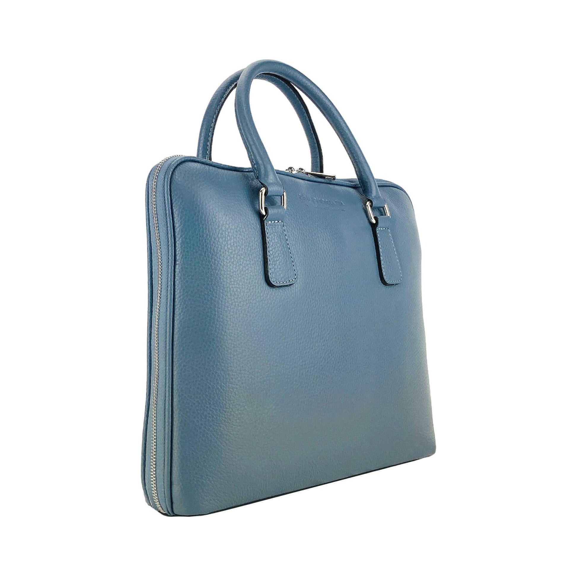 RB1019P | Unisex Business Briefcase in Genuine Leather Made in Italy with removable shoulder strap. Attachments with shiny nickel metal snap hooks - Avio color - Dimensions: 37 x 29 x 6.5 cm-6