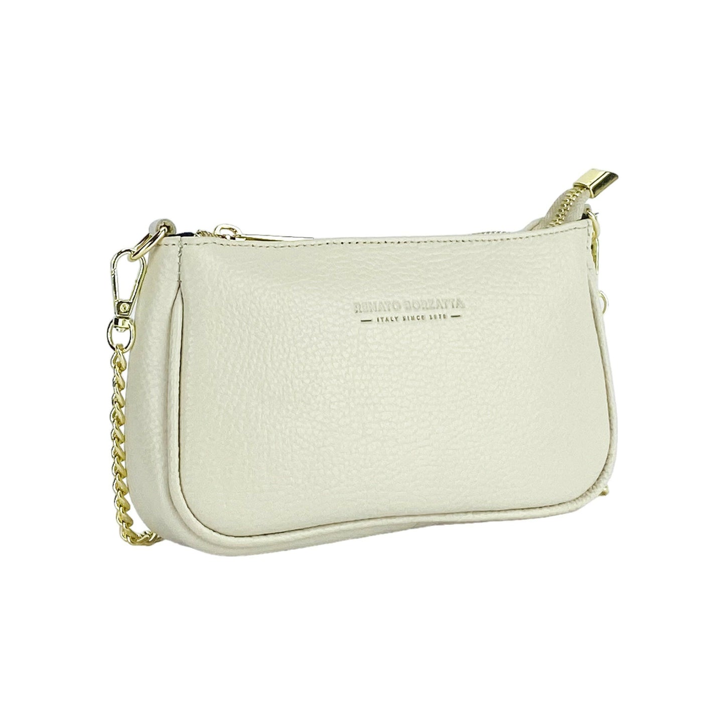 RB1022AB | Small bag in genuine leather Made in Italy with removable chain shoulder strap. Zipper closure and shiny gold metal accessories - Ivory color - Dimensions: 20 x 12 x 6 cm-3