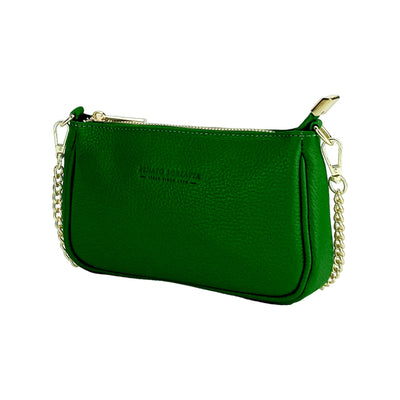 RB1022E | Small bag in genuine leather Made in Italy with removable chain shoulder strap. Zipper closure and shiny gold metal accessories - Green color - Dimensions: 20 x 12 x 6 cm-0