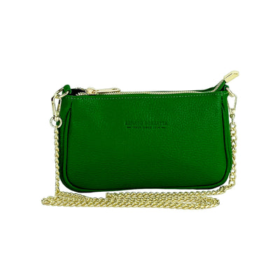 RB1022E | Small bag in genuine leather Made in Italy with removable chain shoulder strap. Zipper closure and shiny gold metal accessories - Green color - Dimensions: 20 x 12 x 6 cm-1