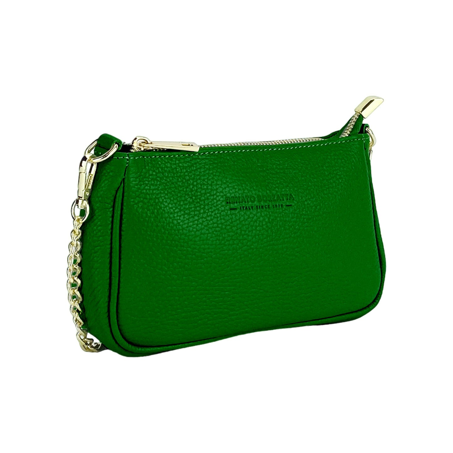 RB1022E | Small bag in genuine leather Made in Italy with removable chain shoulder strap. Zipper closure and shiny gold metal accessories - Green color - Dimensions: 20 x 12 x 6 cm-2