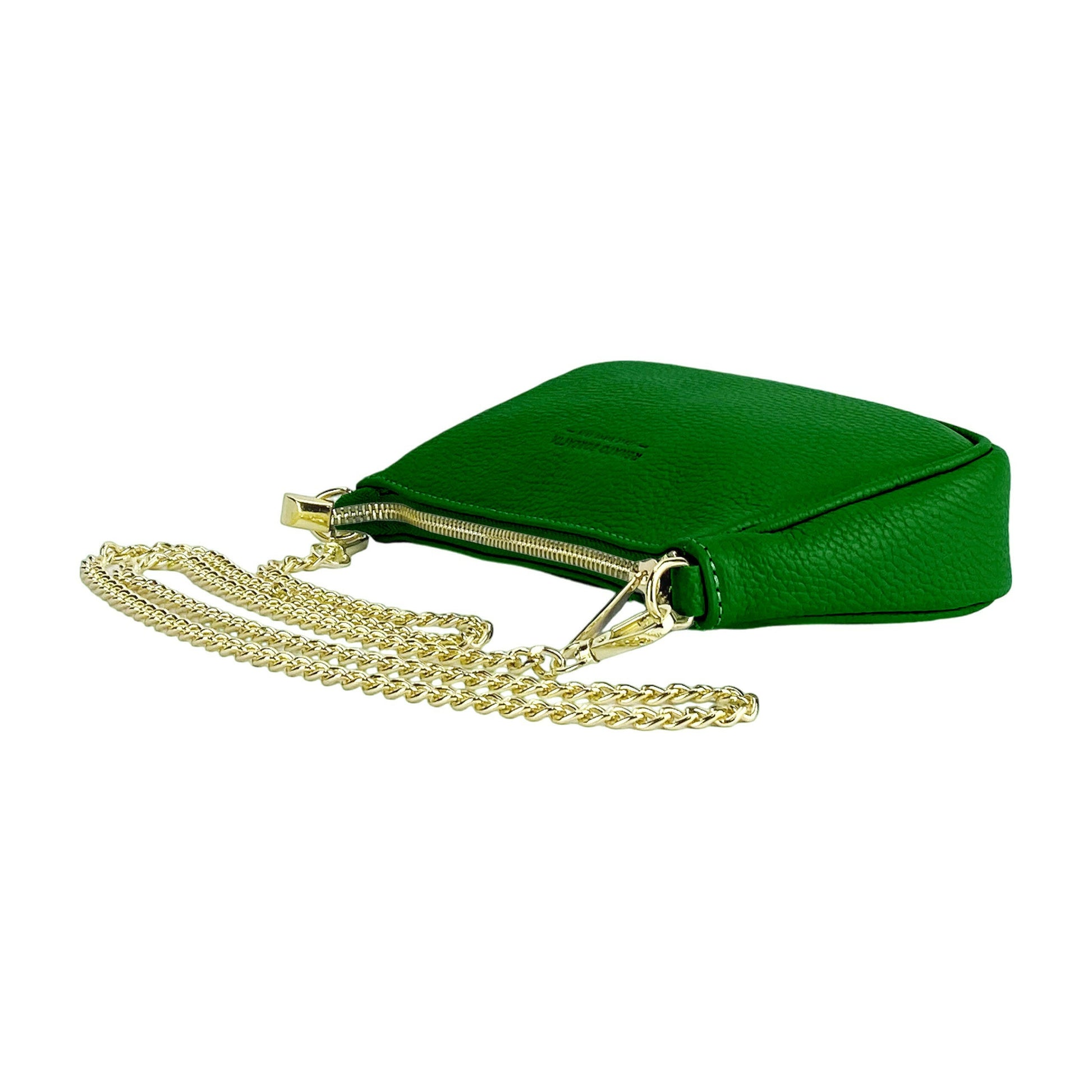 RB1022E | Small bag in genuine leather Made in Italy with removable chain shoulder strap. Zipper closure and shiny gold metal accessories - Green color - Dimensions: 20 x 12 x 6 cm-3