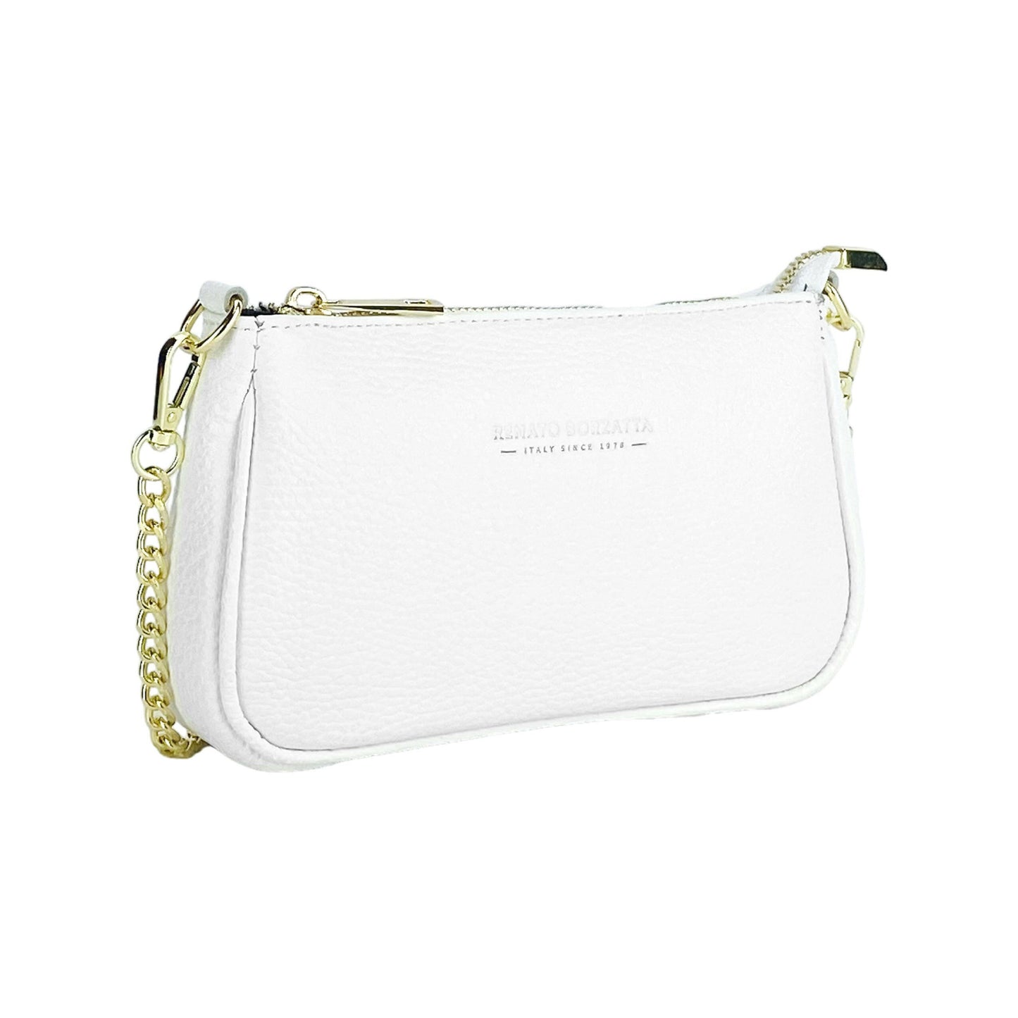 RB1022W | Small bag in genuine leather Made in Italy with removable chain shoulder strap. Zipper closure and shiny gold metal accessories - White color - Dimensions: 20 x 12 x 6 cm-2