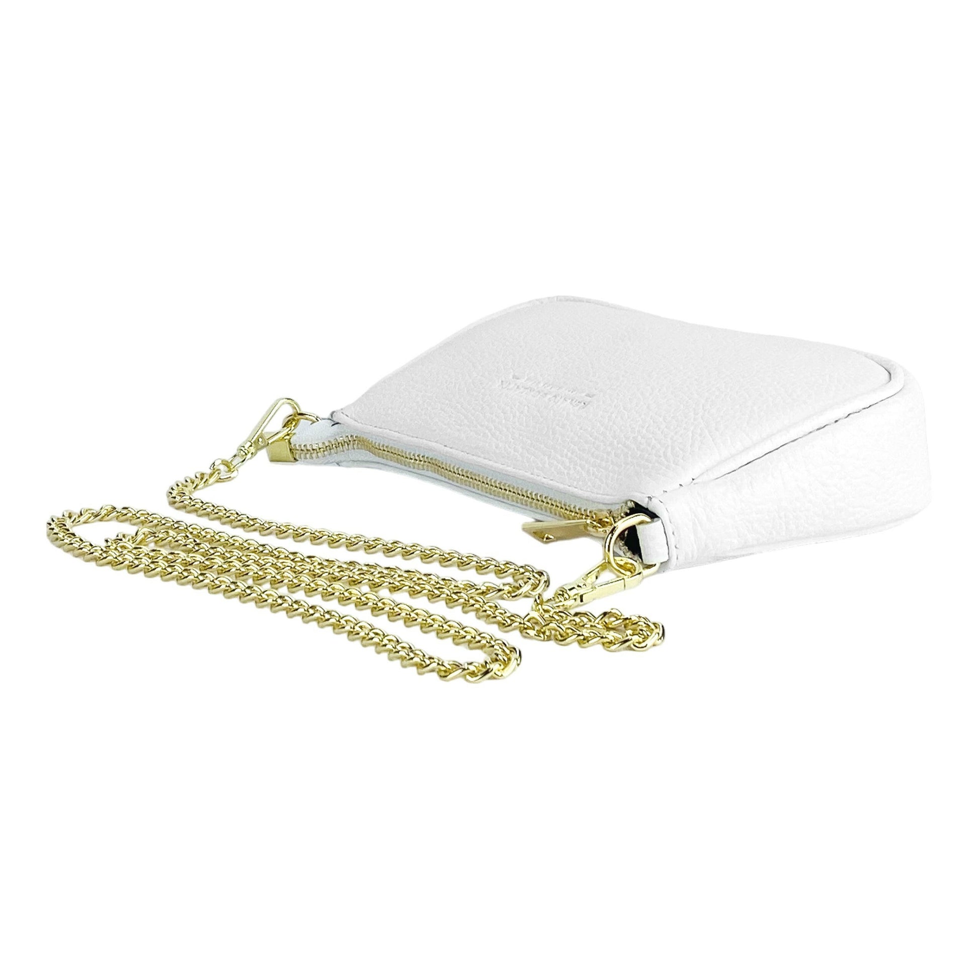 RB1022W | Small bag in genuine leather Made in Italy with removable chain shoulder strap. Zipper closure and shiny gold metal accessories - White color - Dimensions: 20 x 12 x 6 cm-3