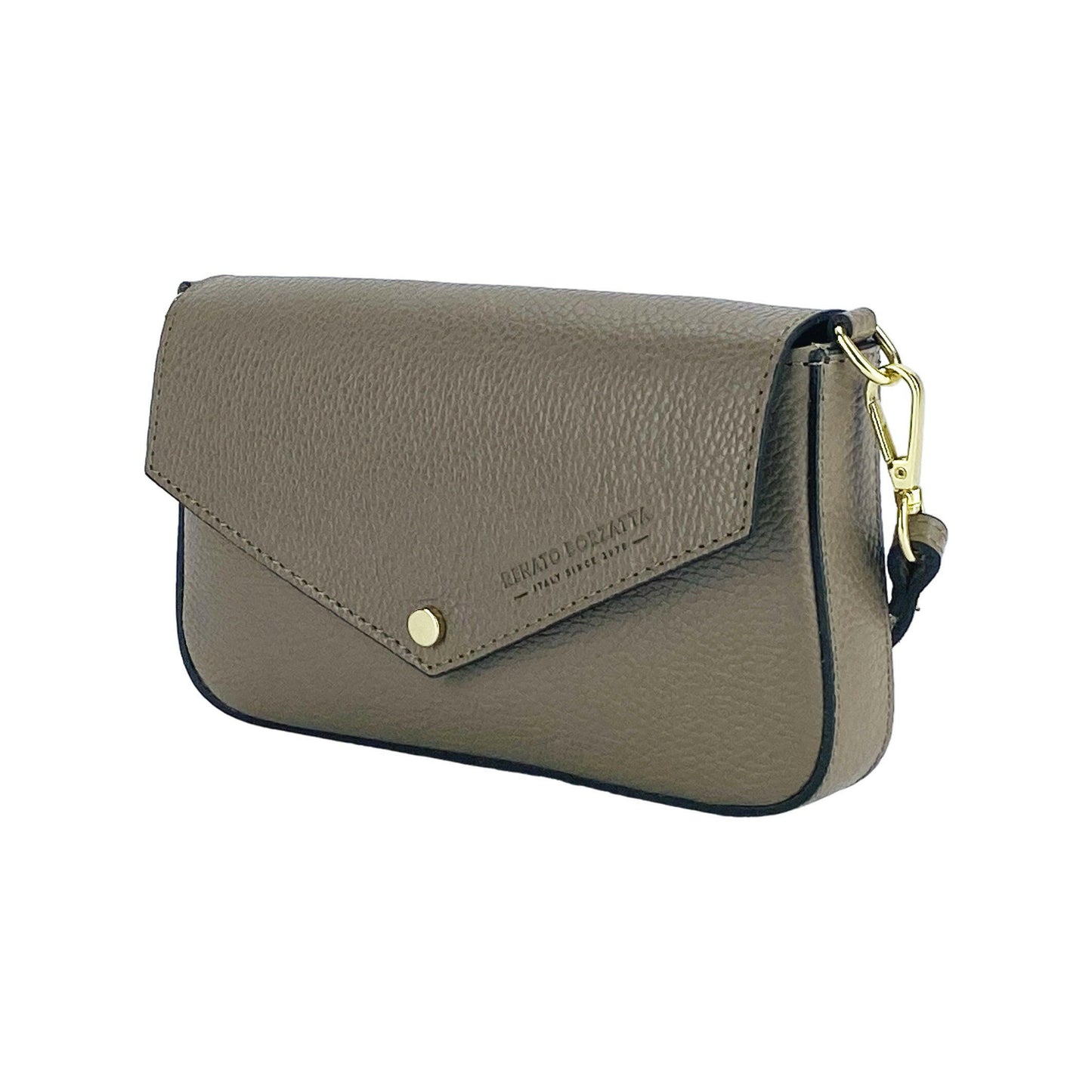 RB1023AQ | Small Shoulder Bag with Removable Chain Shoulder Strap in Genuine Leather Made in Italy. Closing flap. Polished Gold metal accessories - Taupe color - Dimensions: 22 x 12 x 3 cm-0