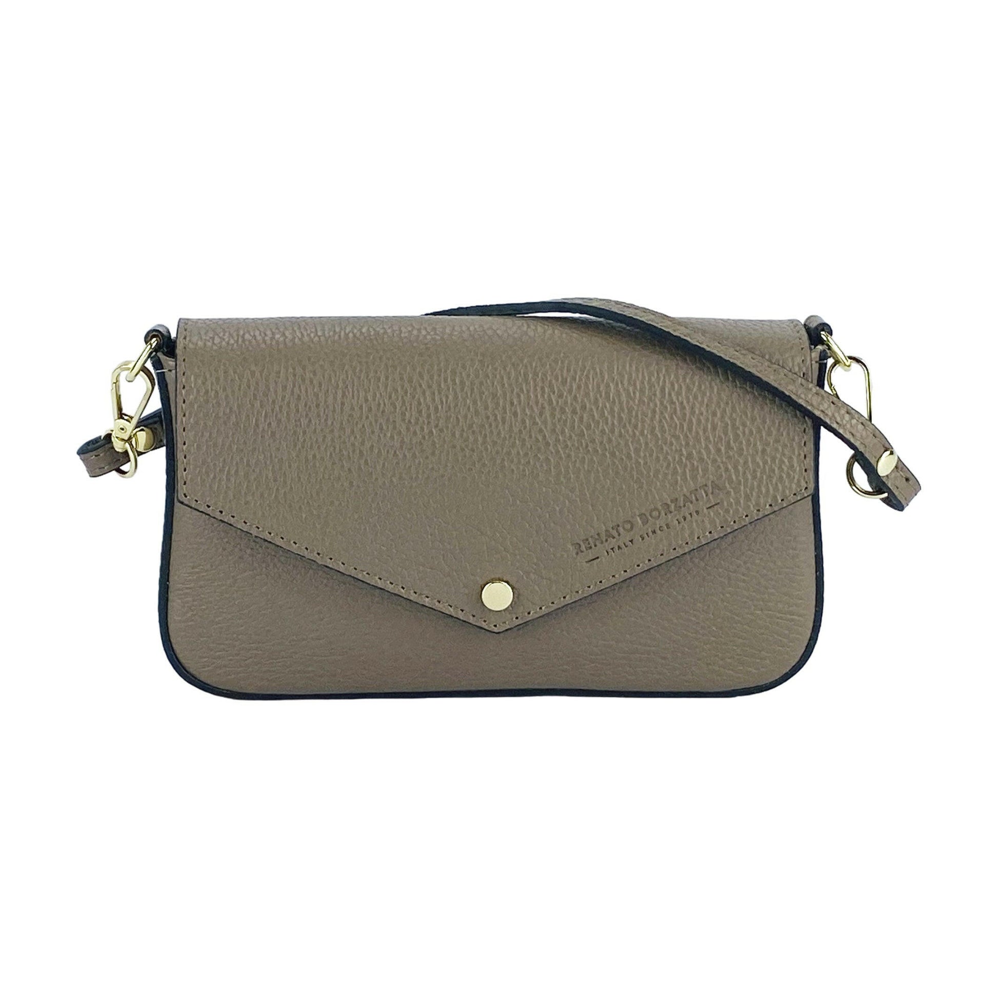 RB1023AQ | Small Shoulder Bag with Removable Chain Shoulder Strap in Genuine Leather Made in Italy. Closing flap. Polished Gold metal accessories - Taupe color - Dimensions: 22 x 12 x 3 cm-1