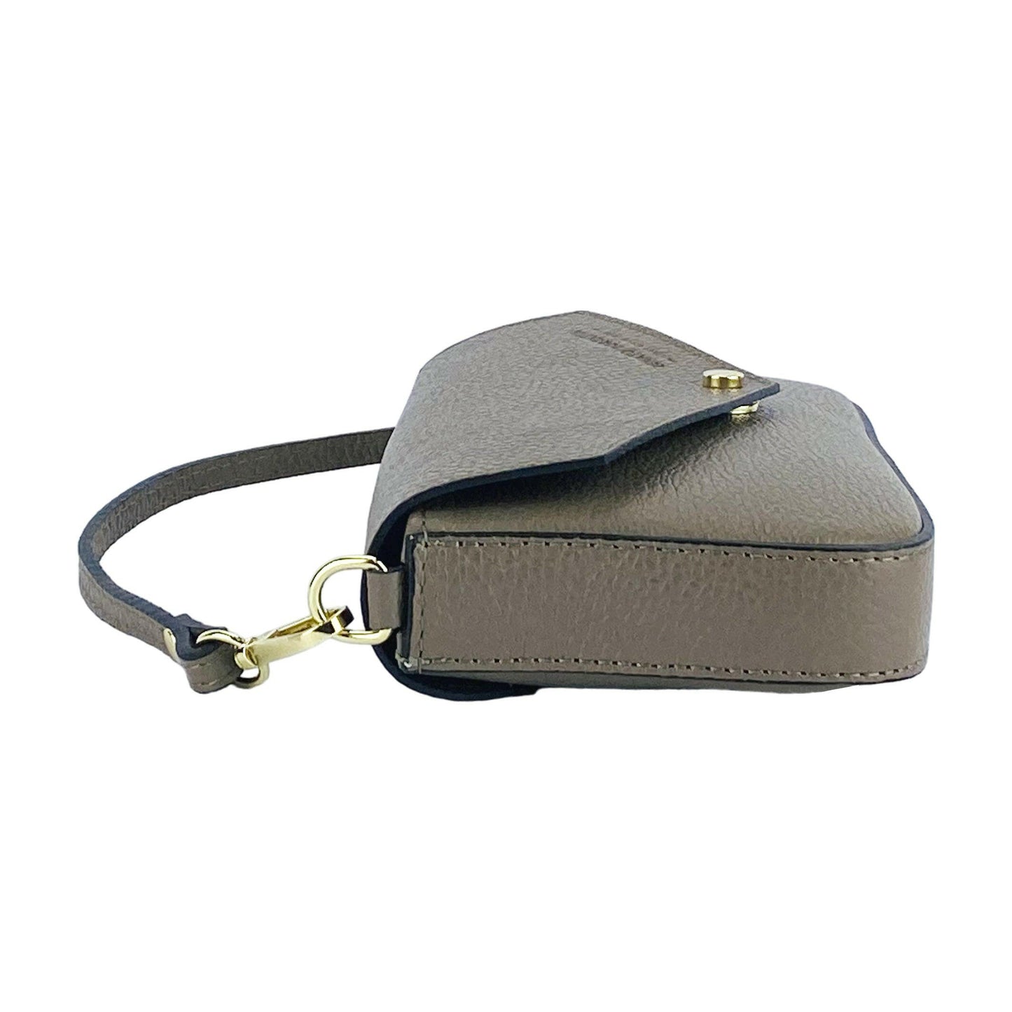 RB1023AQ | Small Shoulder Bag with Removable Chain Shoulder Strap in Genuine Leather Made in Italy. Closing flap. Polished Gold metal accessories - Taupe color - Dimensions: 22 x 12 x 3 cm-3