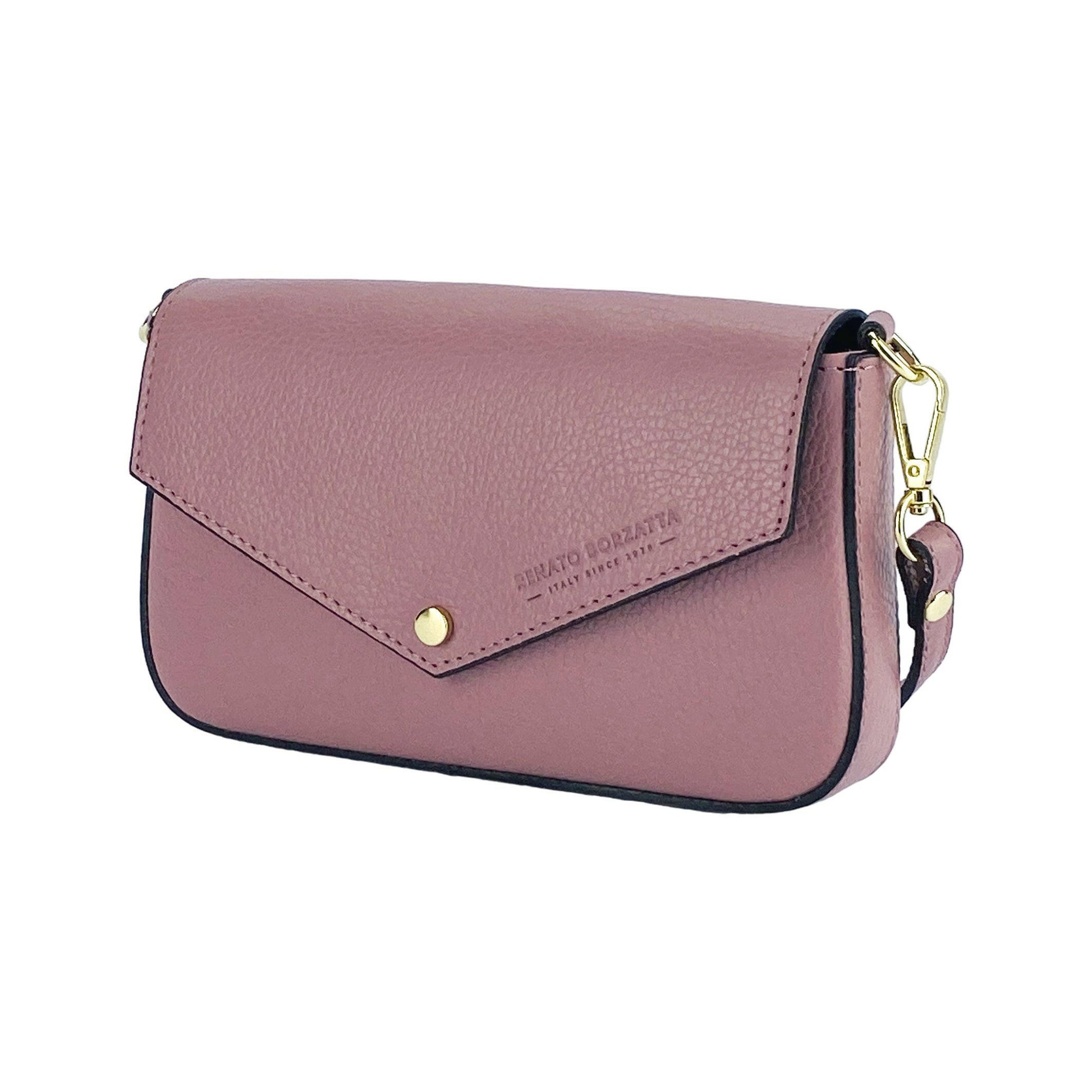 RB1023AZ | Small Shoulder Bag with Removable Chain Shoulder Strap in Genuine Leather Made in Italy. Closing flap. Shiny Gold metal accessories - Antique Pink color - Dimensions: 22 x 12 x 3 cm-0