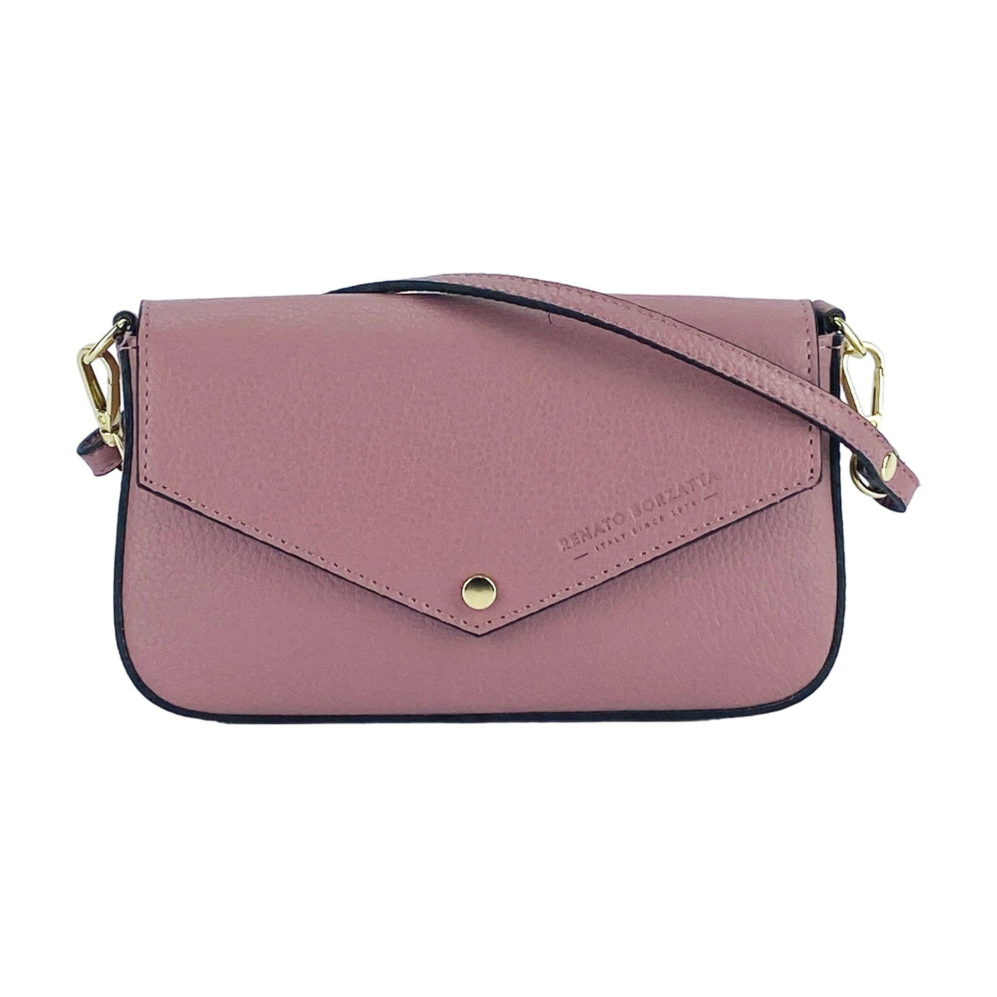 RB1023AZ | Small Shoulder Bag with Removable Chain Shoulder Strap in Genuine Leather Made in Italy. Closing flap. Shiny Gold metal accessories - Antique Pink color - Dimensions: 22 x 12 x 3 cm-1