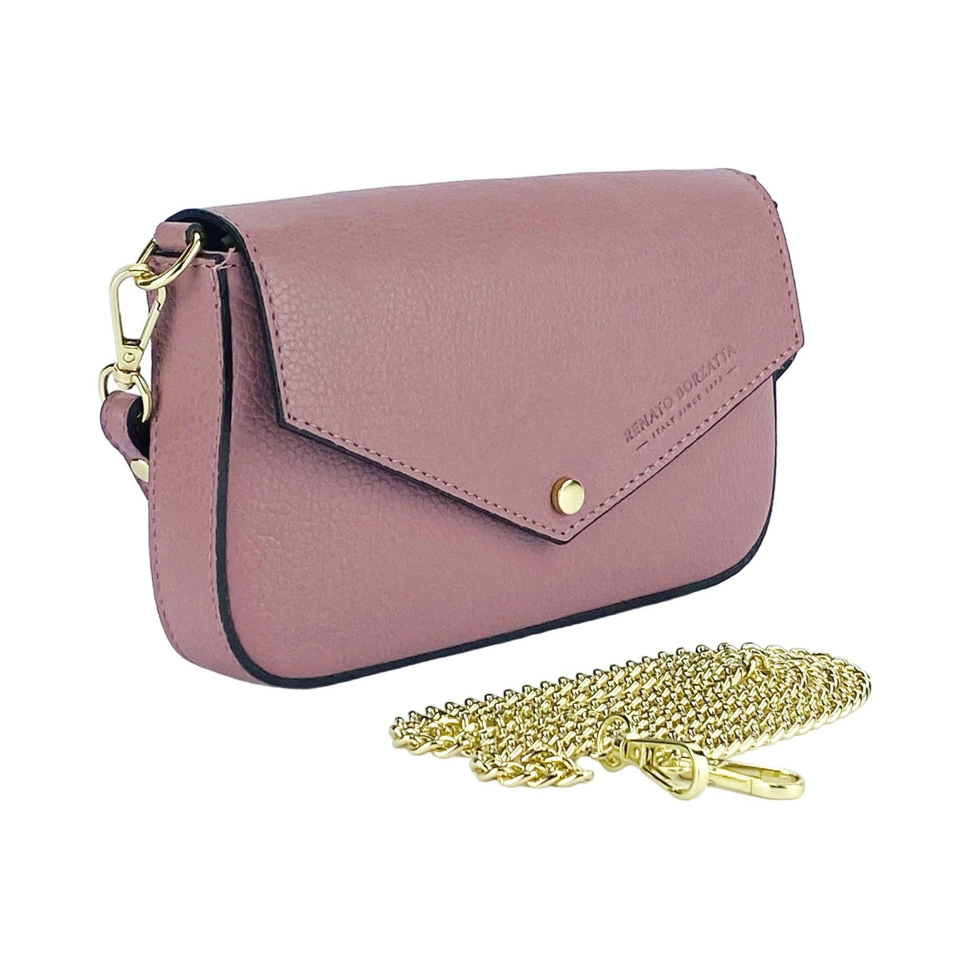 RB1023AZ | Small Shoulder Bag with Removable Chain Shoulder Strap in Genuine Leather Made in Italy. Closing flap. Shiny Gold metal accessories - Antique Pink color - Dimensions: 22 x 12 x 3 cm-2