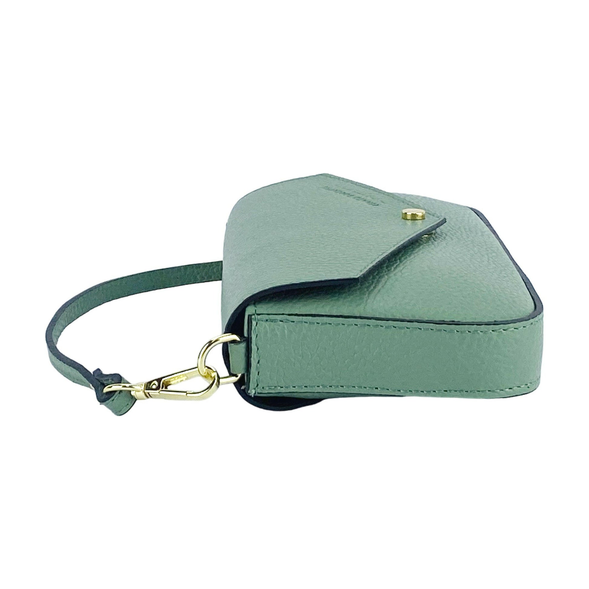 RB1023BF | Small Shoulder Bag with Removable Chain Shoulder Strap in Genuine Leather Made in Italy. Closing flap. Shiny Gold metal accessories - Mint color - Dimensions: 22 x 12 x 3 cm-3