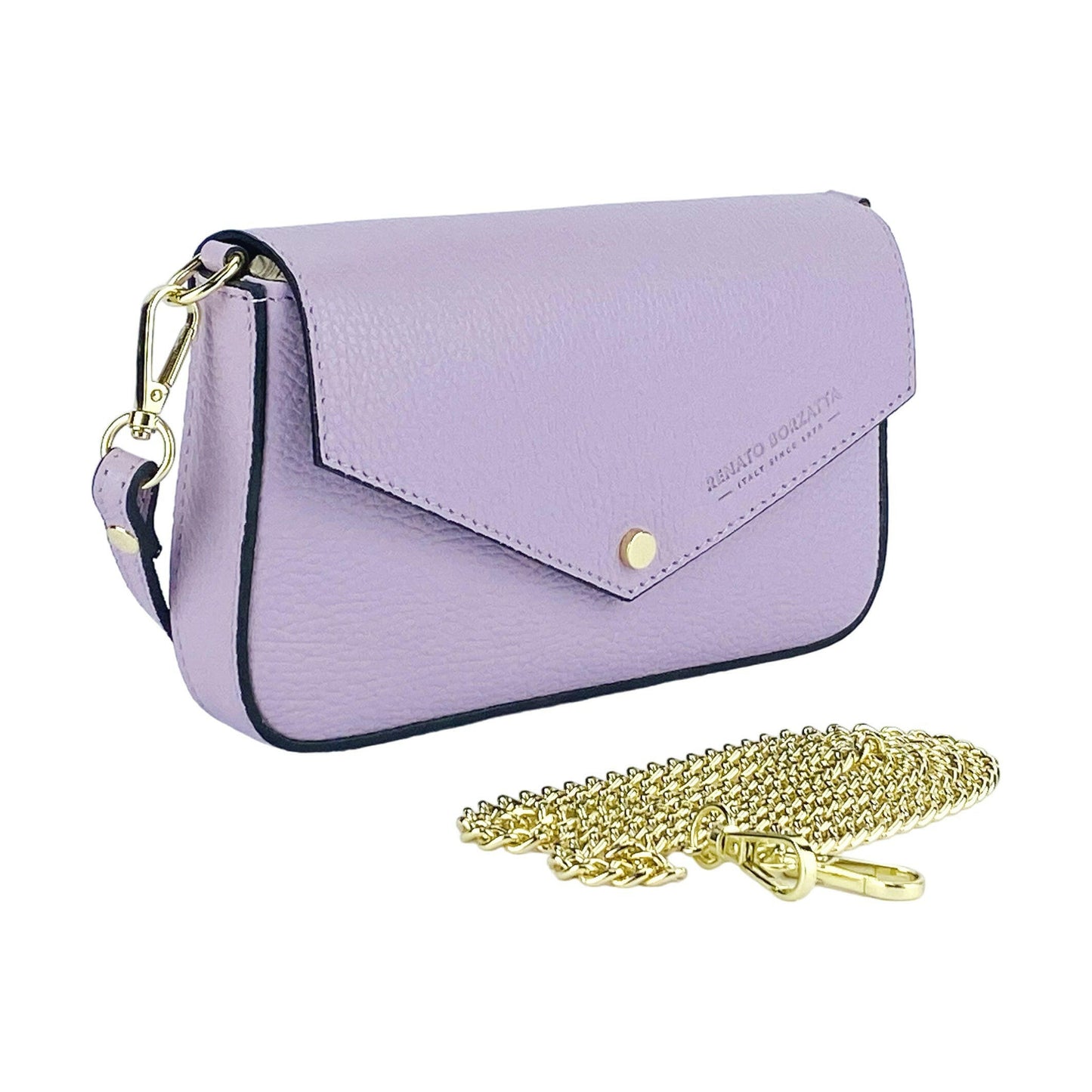 RB1023CI | Small Shoulder Bag with Removable Chain Shoulder Strap in Genuine Leather Made in Italy. Closing flap. Shiny Gold metal accessories - Lilac color - Dimensions: 22 x 12 x 3 cm-2