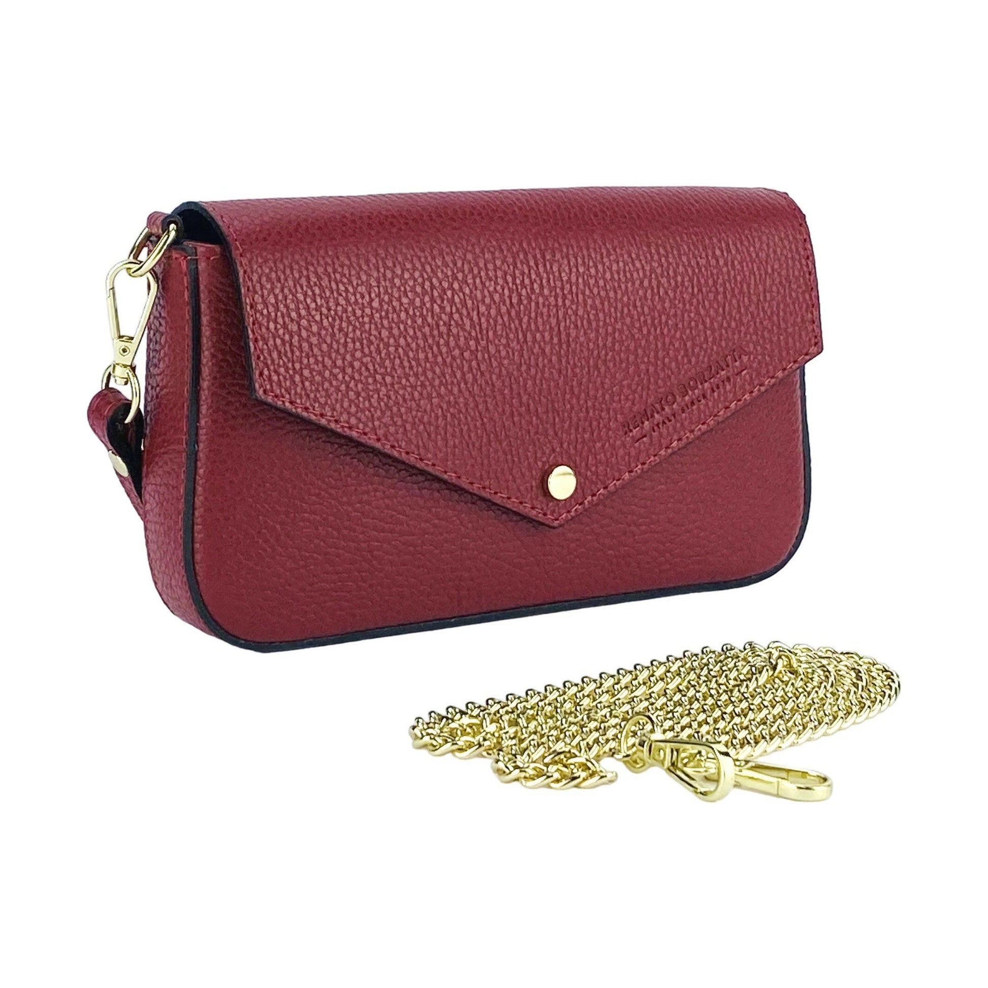 RB1023V | Small Shoulder Bag with Removable Chain Shoulder Strap in Genuine Leather Made in Italy. Closing flap. Polished Gold metal accessories - Red color - Dimensions: 22 x 12 x 3 cm-2